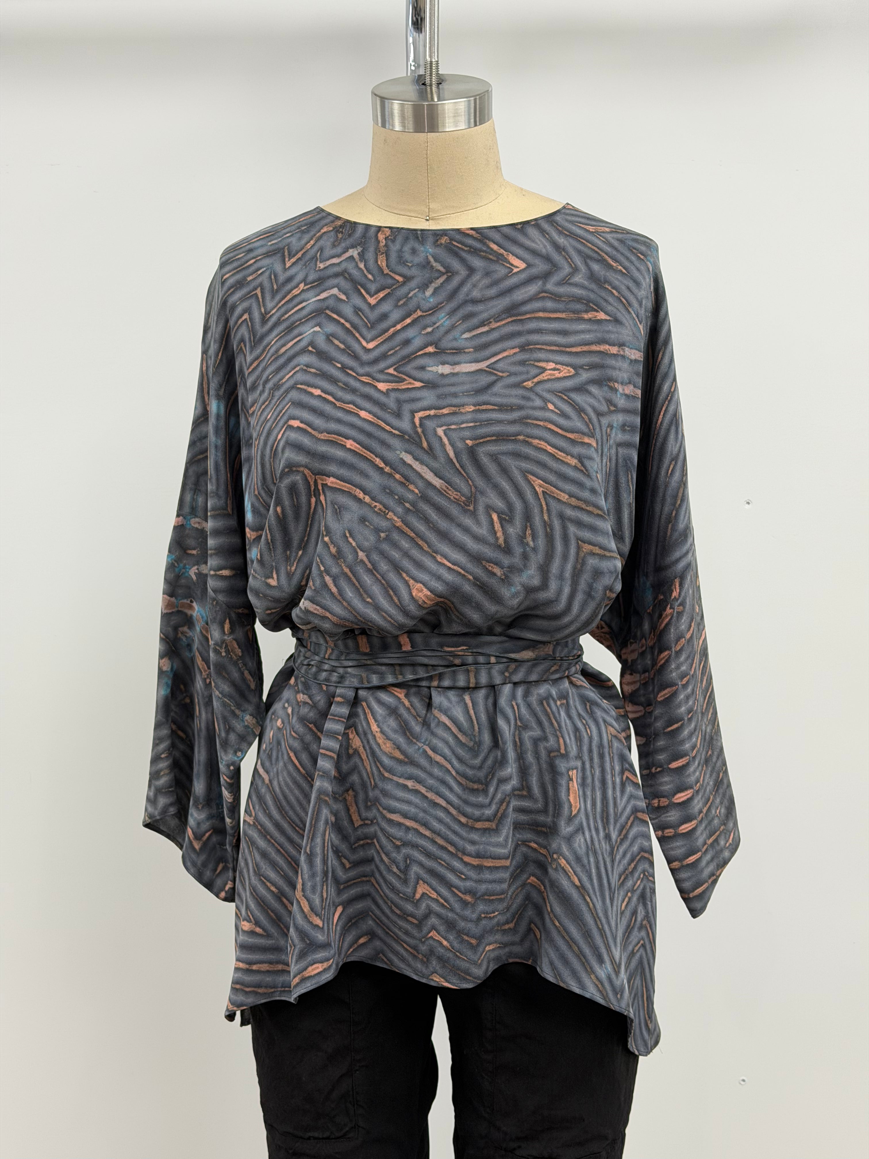 Carter Smith Shibori Mary Top with Scarf in Blue, Gray, and Salmon