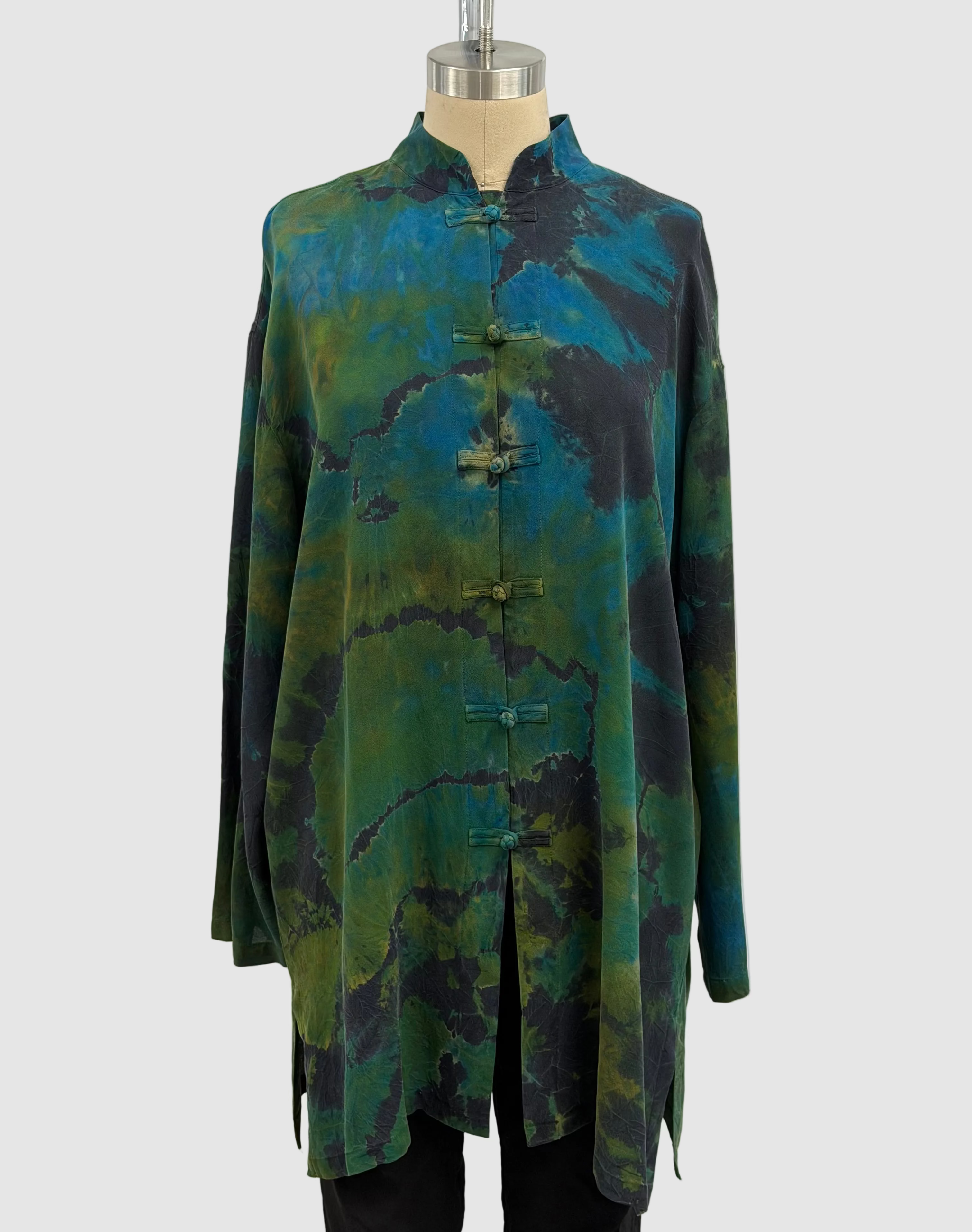 Carter Smith Hand Dyed Mandarin Silk Shirt in Blue, Green, and Black