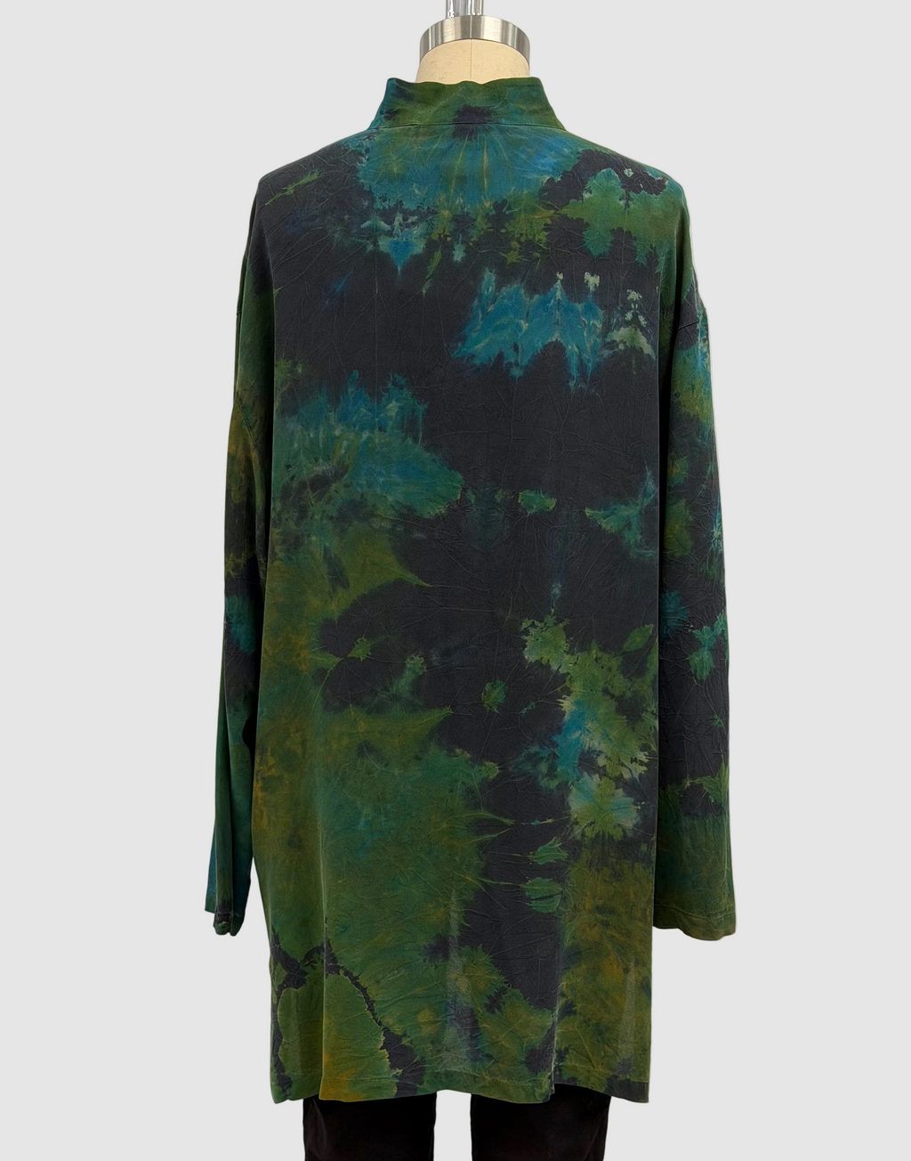 Carter Smith Hand Dyed Mandarin Silk Shirt in Blue, Green, and Black