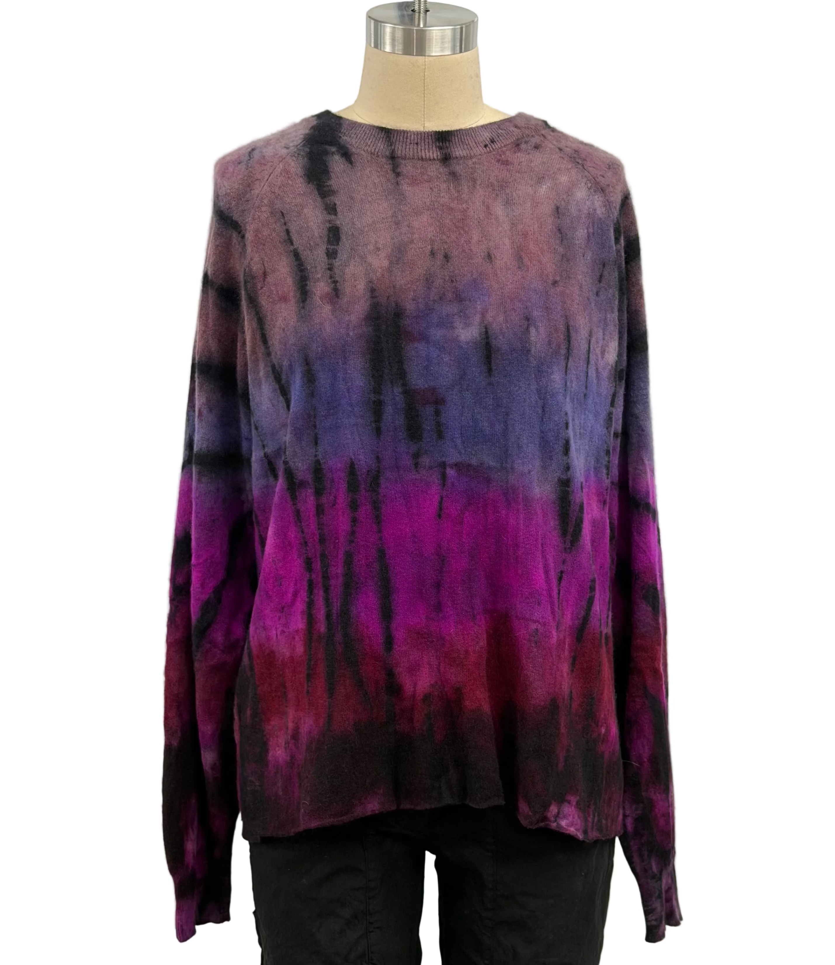 Galadriel Mattei Hand-Dyed Cashmere Crew Neck Pullover Stringband in Garnet, Fuchsia, and Lavender