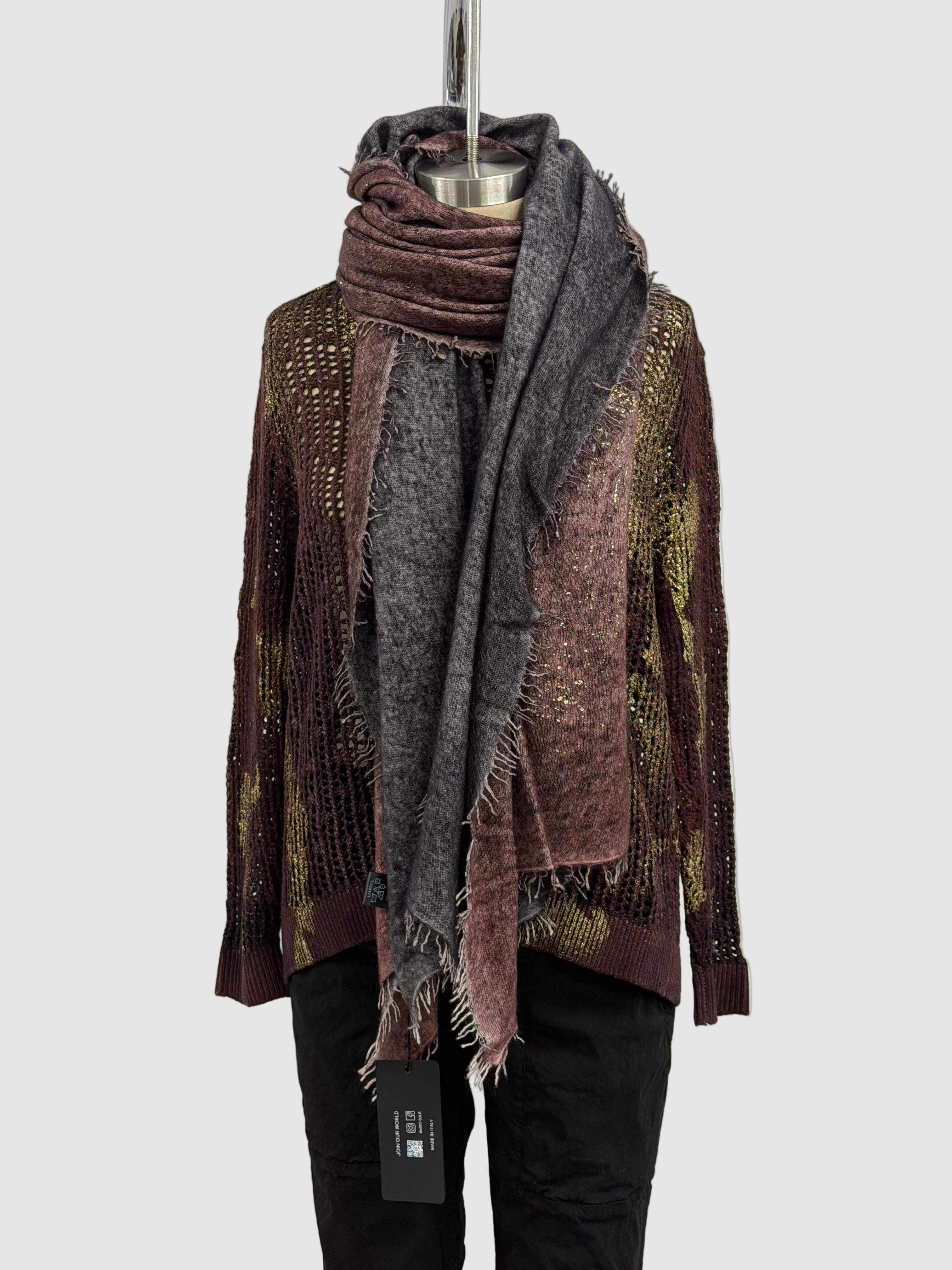 Avant Toi Hand-Painted and Laminated Cashmere Scarf in Nero Bordeaux