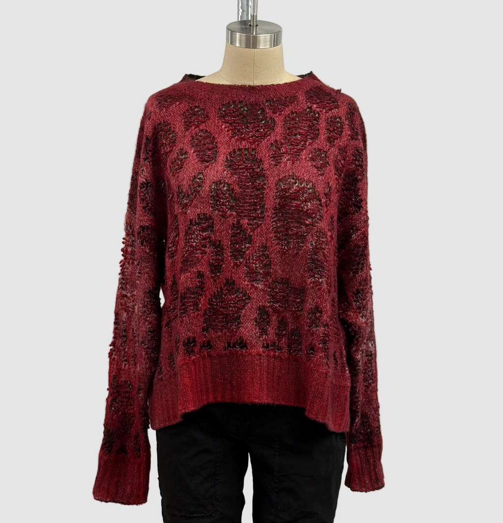 Avant Toi Hand-Painted Leopard Jacquard Effect Round Neck Pullover in N/Tibet