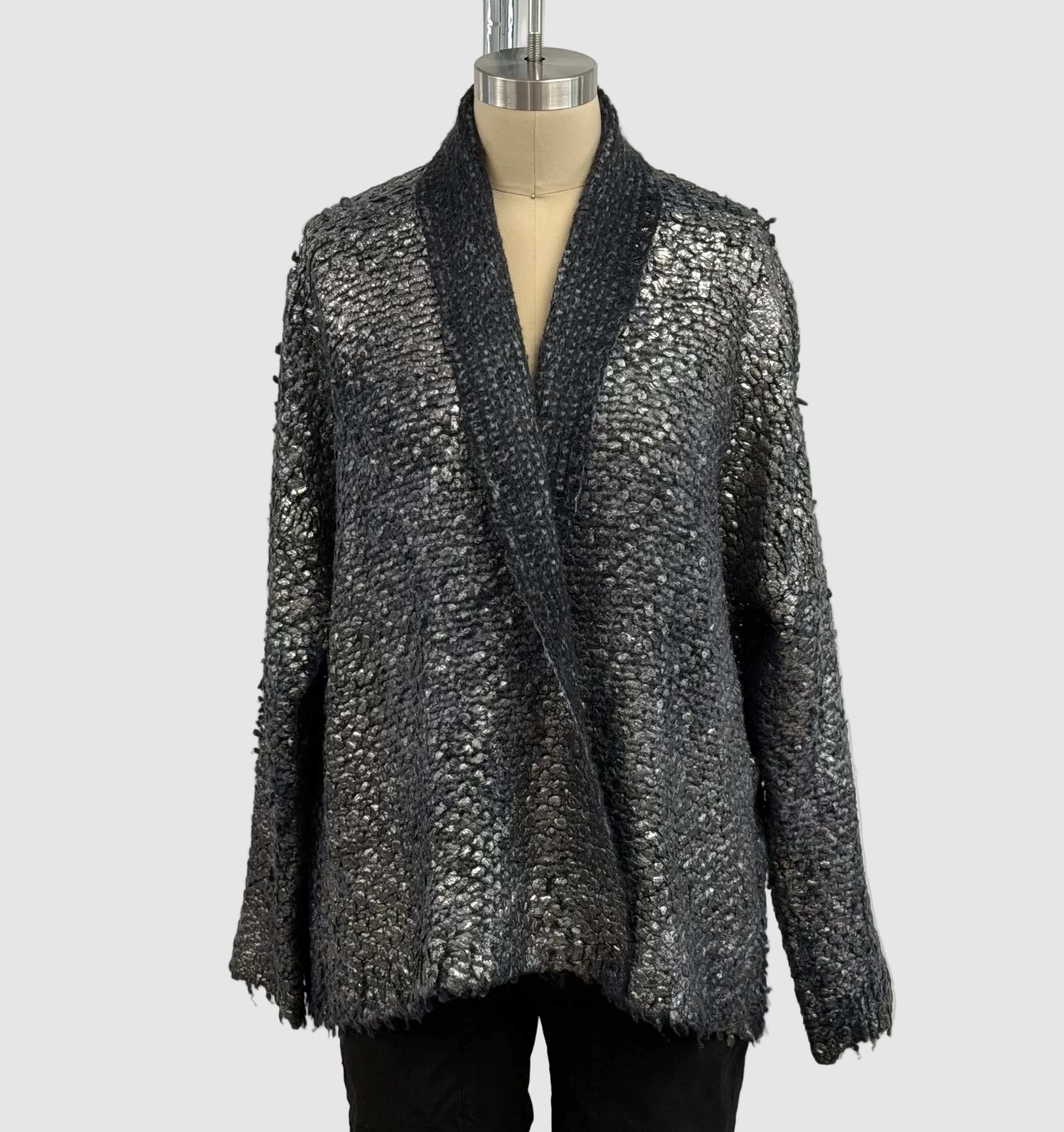 Avant Toi Hand-Painted Cashmere & Silk Furry Stitch Open Cardigan with Lamination in N/Blu Navy