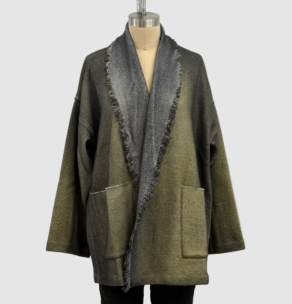 Avant Toi Hand-Painted Herringbone Shawled Jacket With Fringes in N/Moss