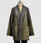 Avant Toi Hand-Painted Herringbone Shawled Jacket With Fringes in N/Moss