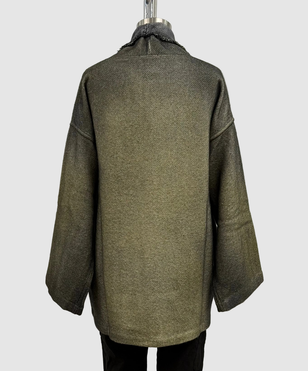 Avant Toi Hand-Painted Herringbone Shawled Jacket With Fringes in N/Moss