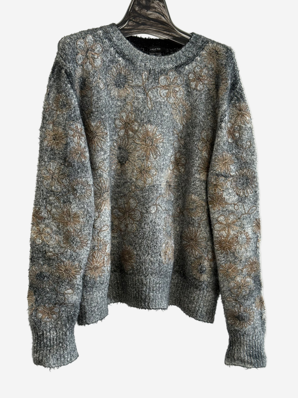 Avant Toi Hand Painted Brush Cotton Pullover in Nero with Raffia Embroidered Flowers