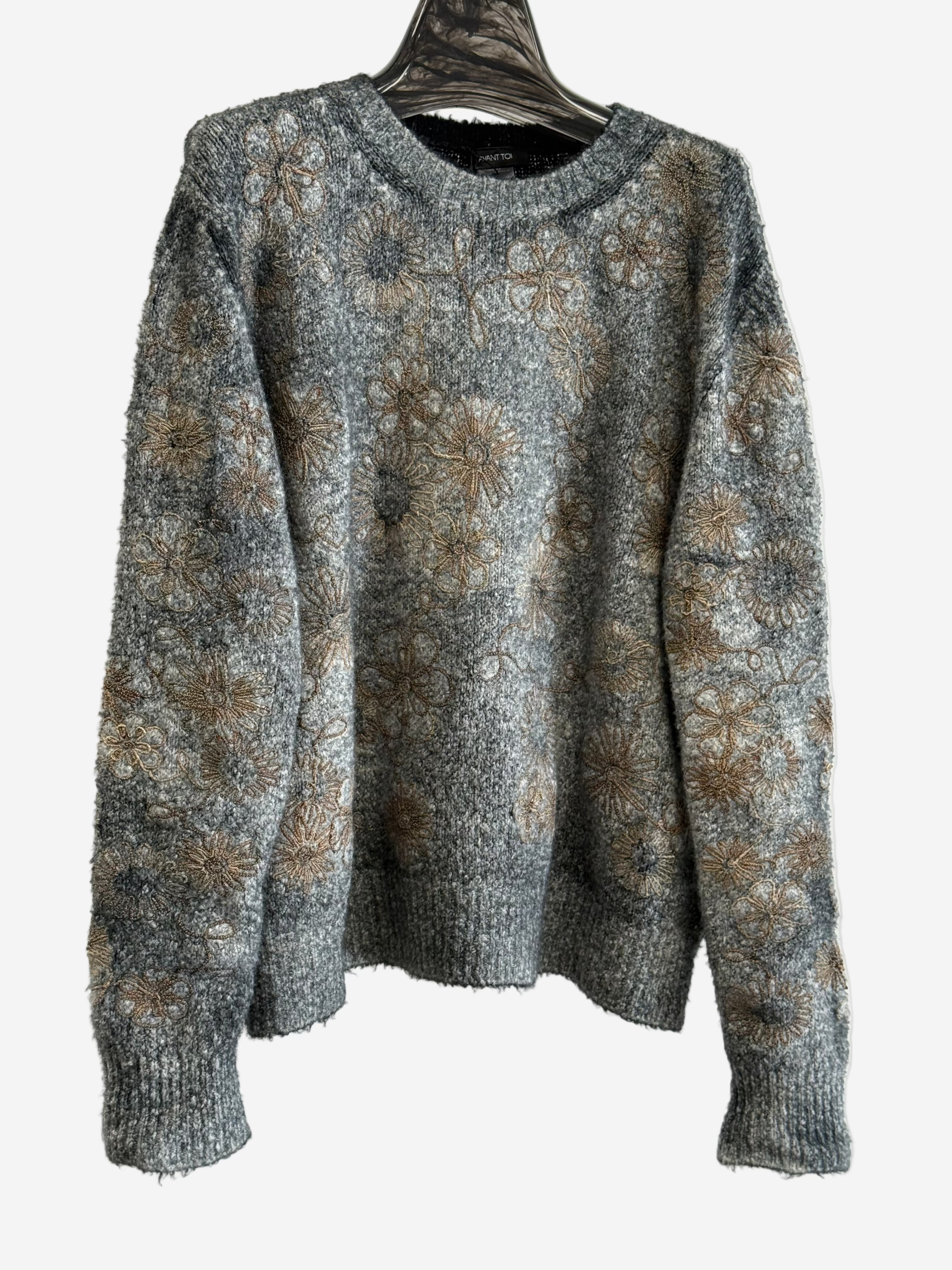 Avant Toi Hand Painted Brush Cotton Pullover in Nero with Raffia Embroidered Flowers