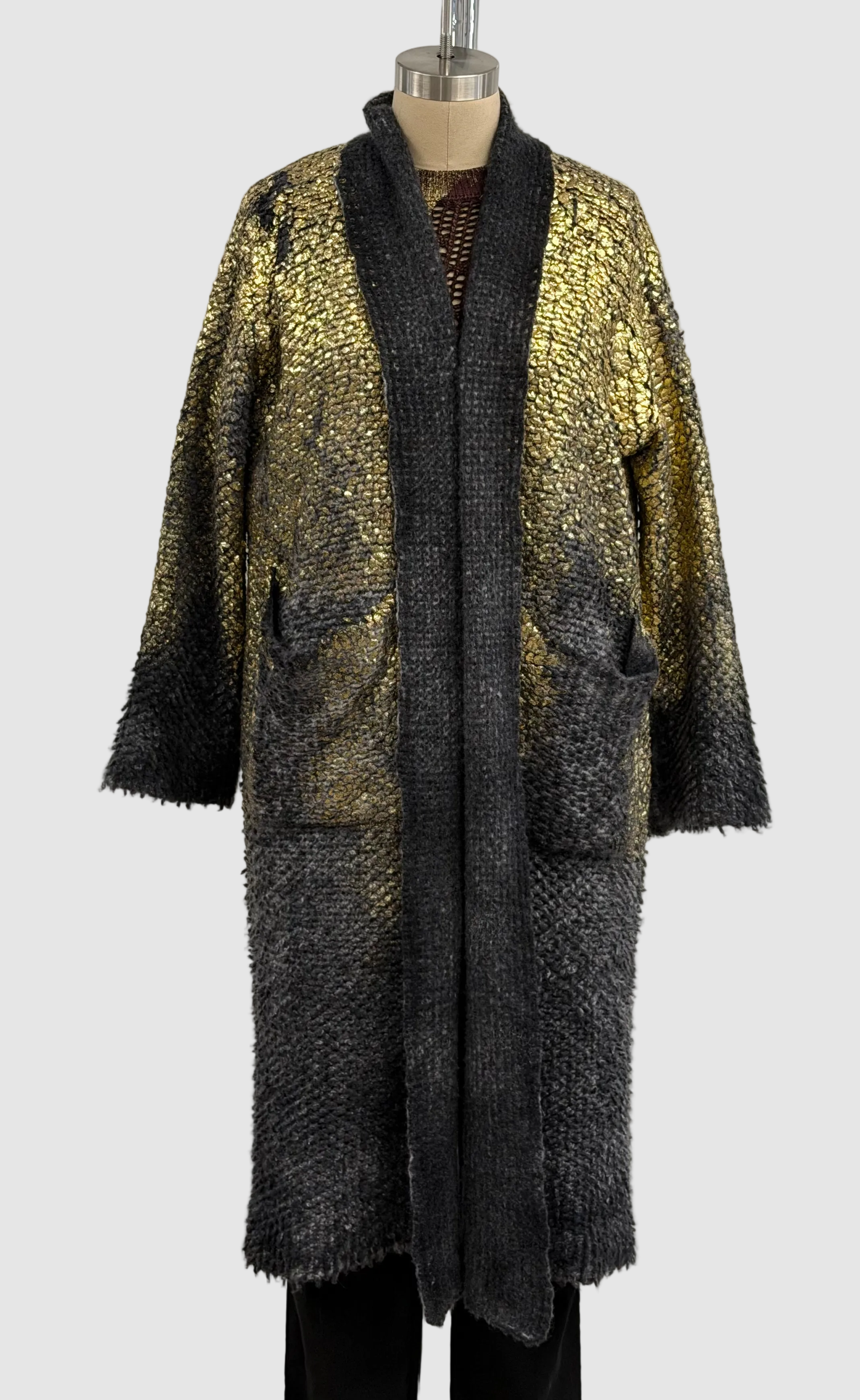 Avant Toi Gold Laminated Fur Stitched Cardigan in Nero