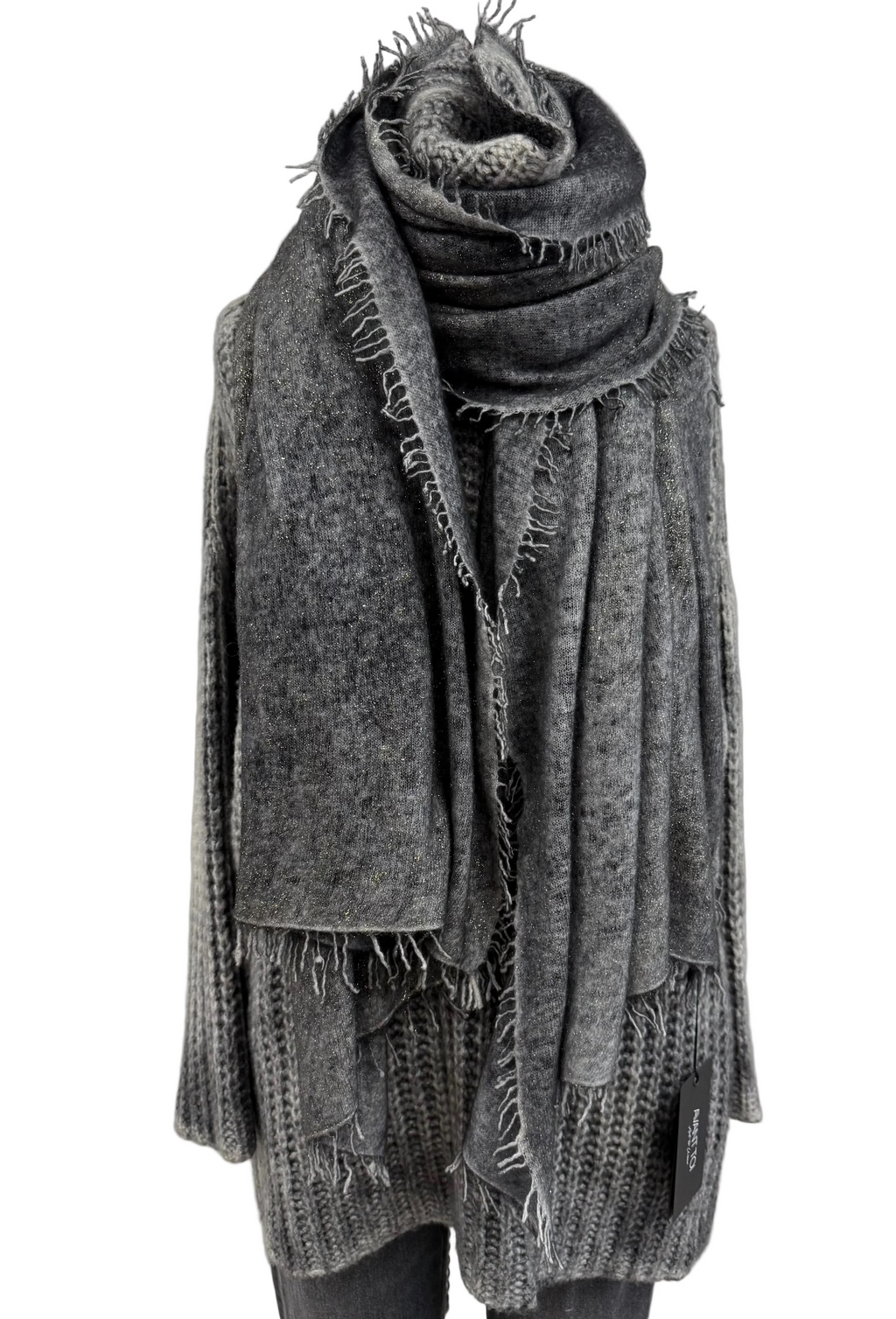 Avant Toi Hand-Painted Cashmere Long Stola Scarf in N/Nero with Gold Lamination