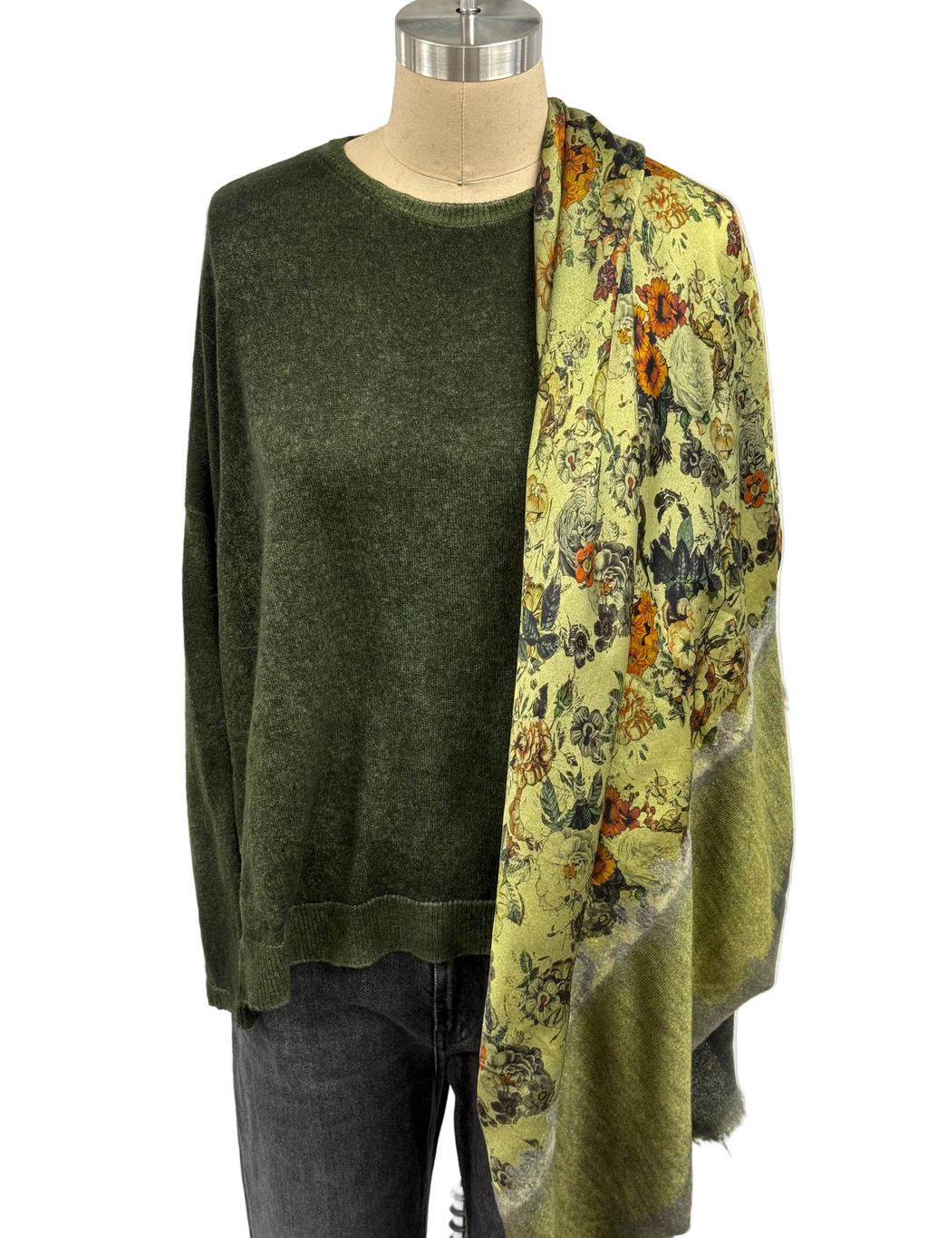 Avant Toi Hand Painted One Of A Kind Foulard Scarf With Destroyed Edges In Nero Lichen