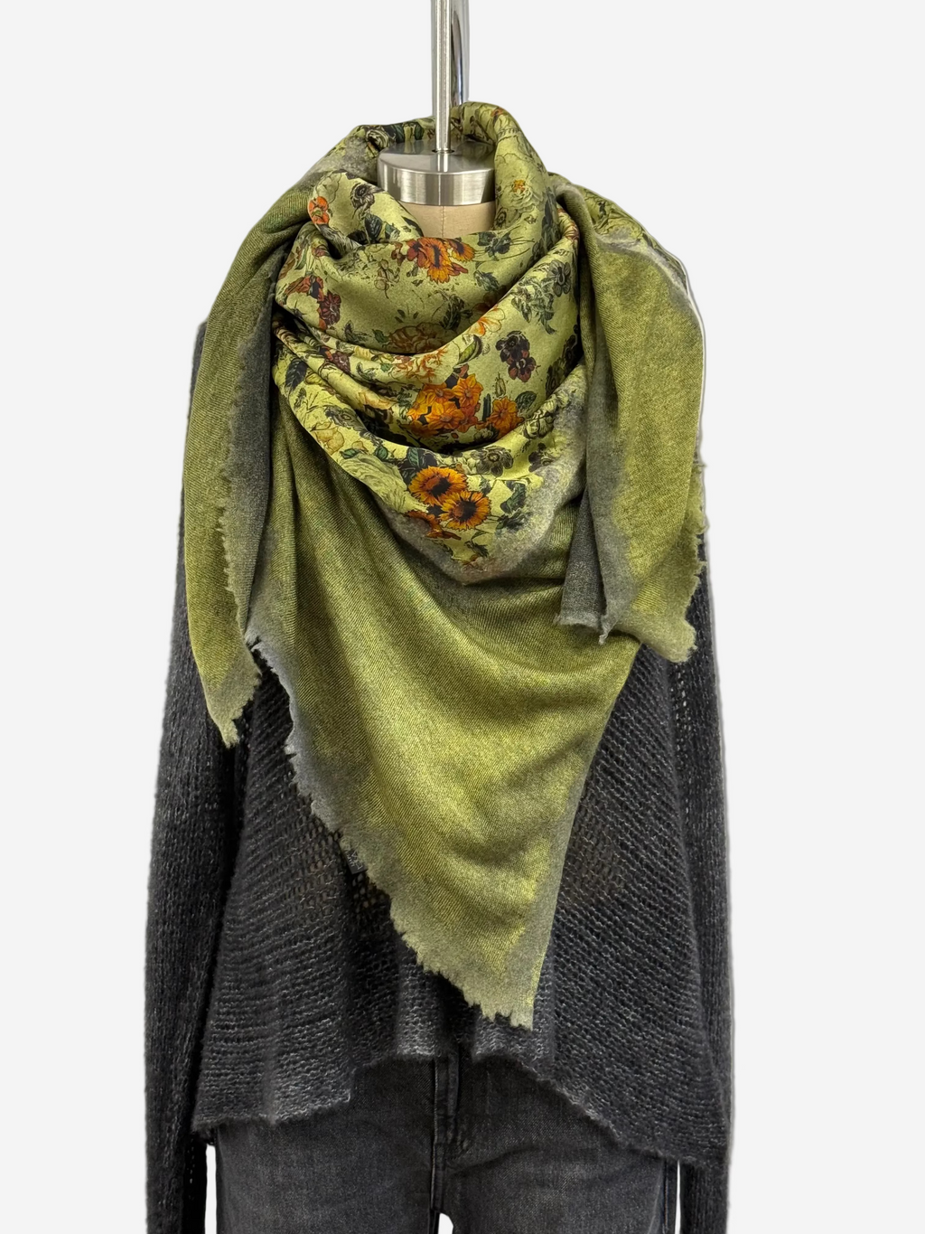 Avant Toi Hand Painted One Of A Kind Foulard Scarf With Destroyed Edges In Nero Lichen