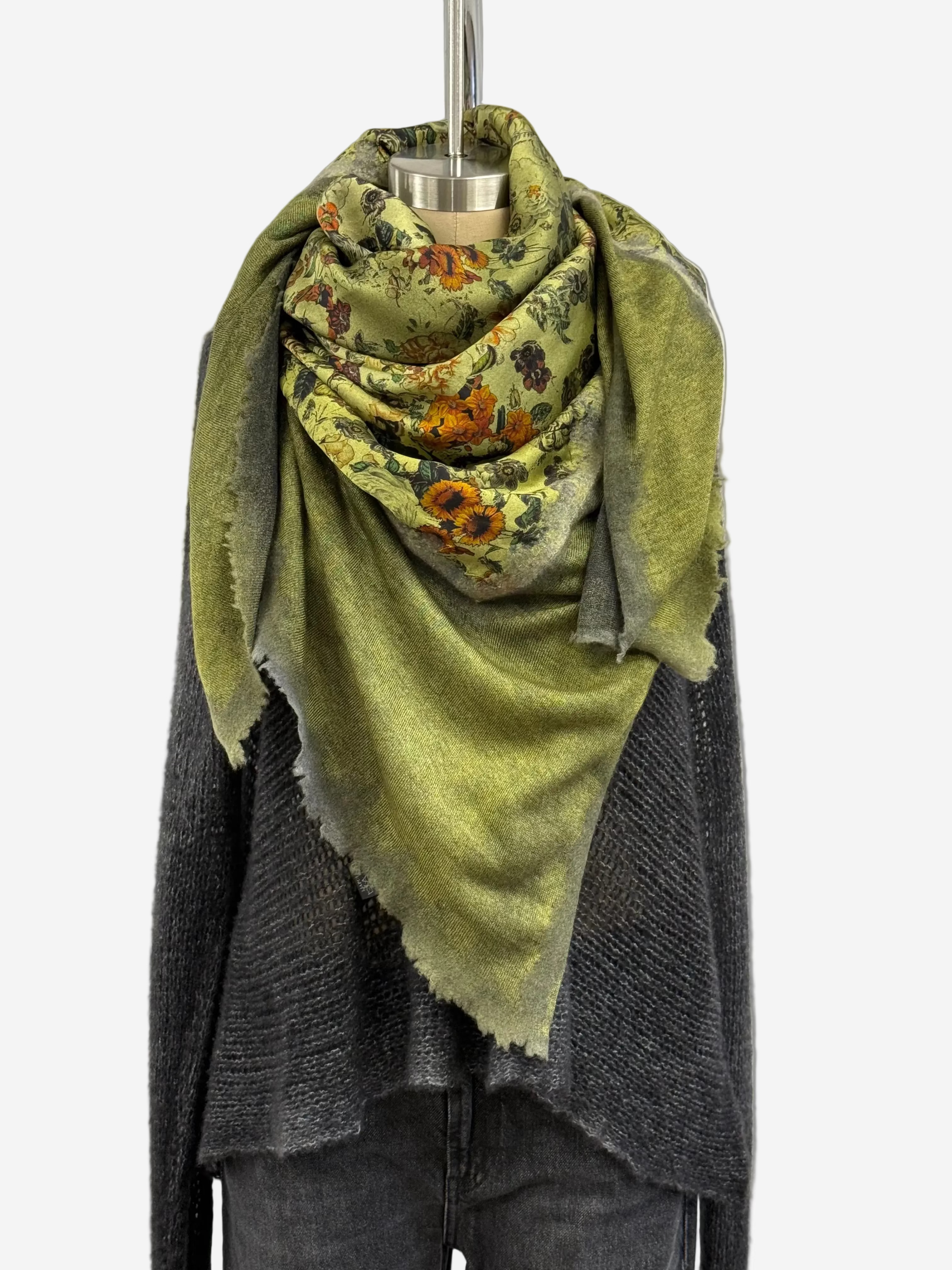 Avant Toi Hand Painted One Of A Kind Foulard Scarf With Destroyed Edges In Nero Lichen
