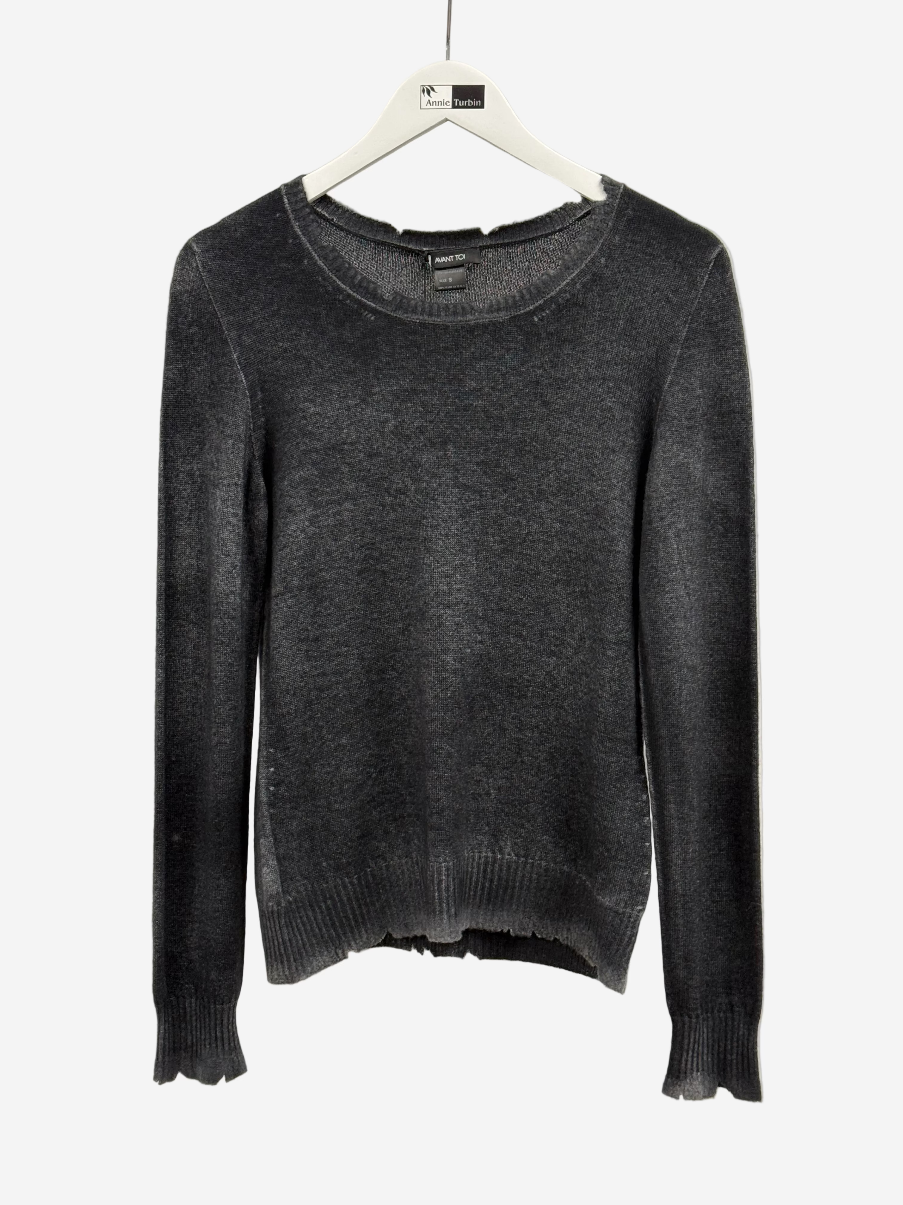 Avant Toi Hand Painted Reversible Round Neck Pullover in Cashmere with Destroyed Edges in N/Nero