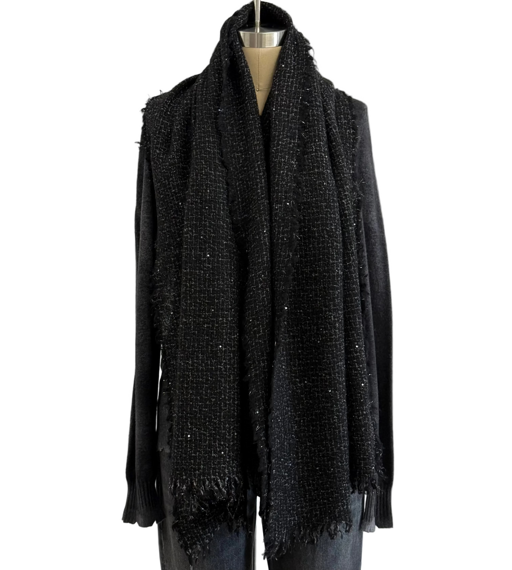 Elisa Black Cashmere Tweed Shawl with Sequins