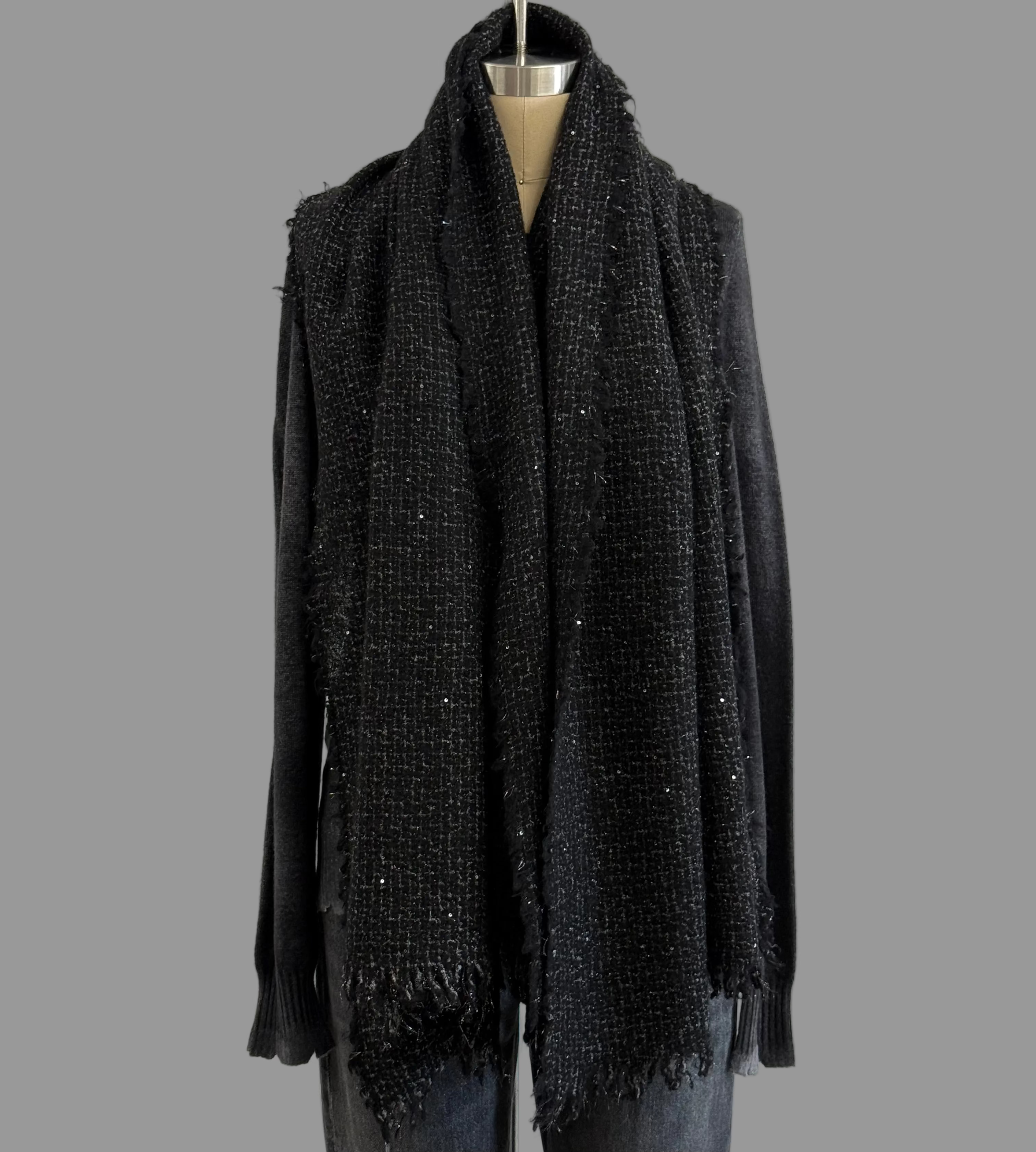 Elisa Black Cashmere Tweed Shawl with Sequins