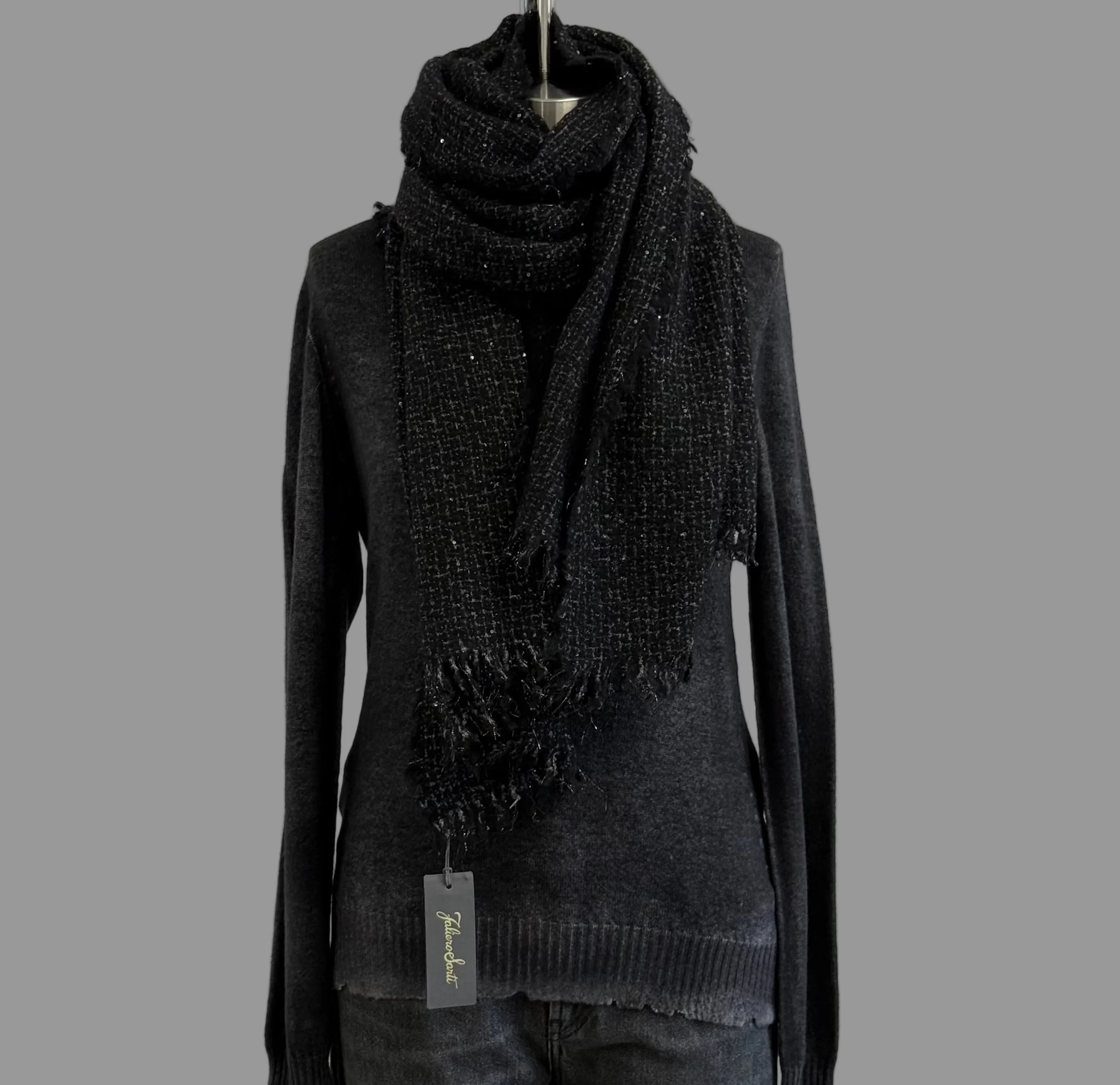 Elisa Black Cashmere Tweed Shawl with Sequins