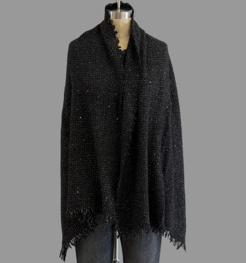 Elisa Black Cashmere Tweed Shawl with Sequins