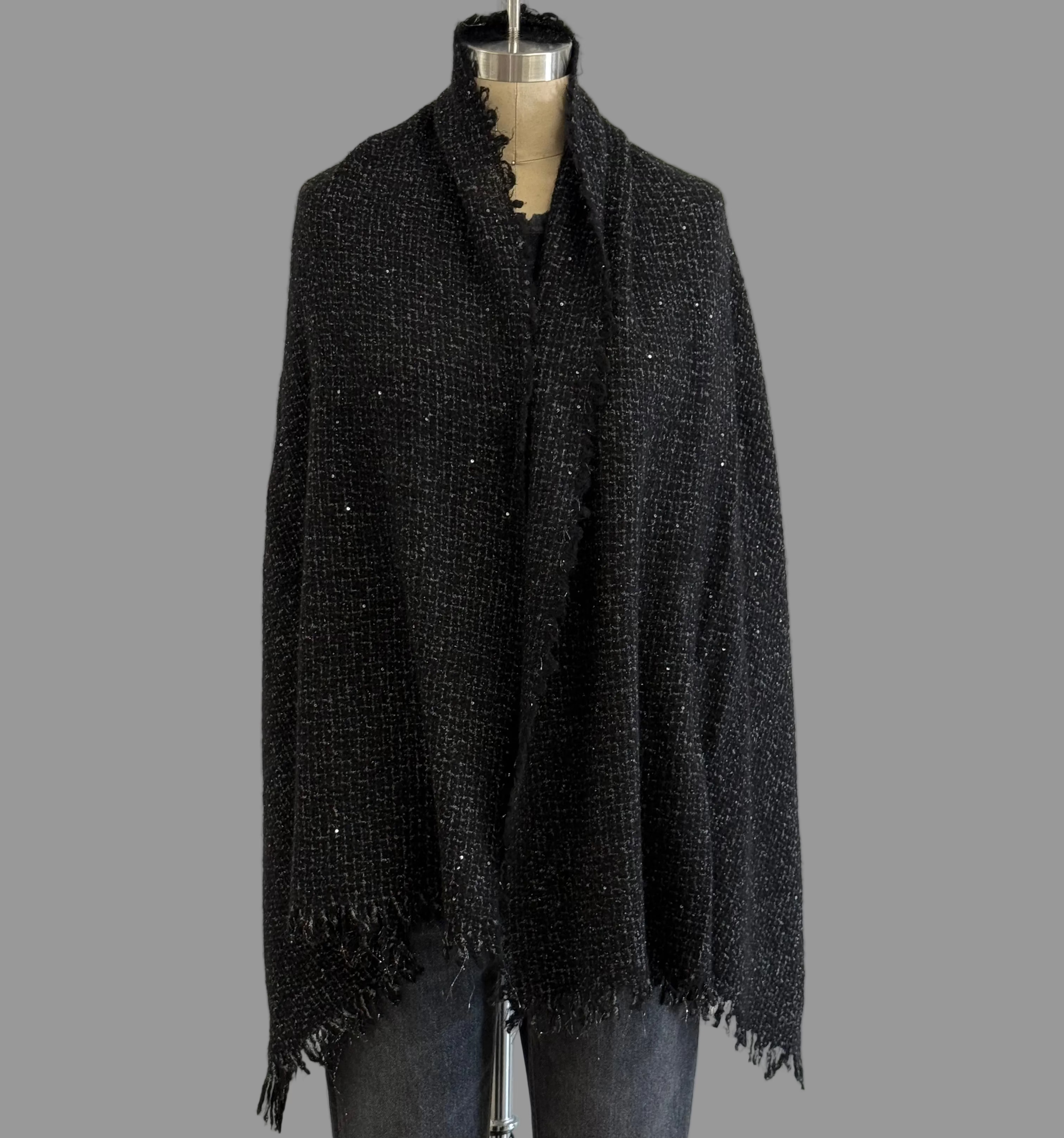 Elisa Black Cashmere Tweed Shawl with Sequins