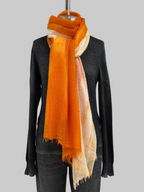 Suzusan Feather Weight Cashmere Shawl Tesuji Yoroidan Shibori In Burnt Orange/ White