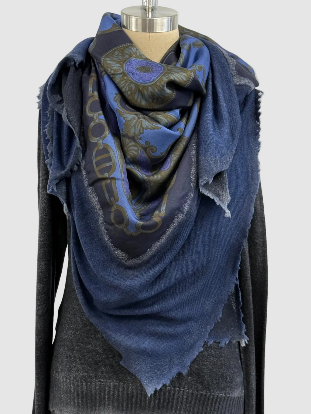 Avant Toi Hand-Painted One Of A Kind Foulard Scarf With Destroyed Edges In Nero Navy