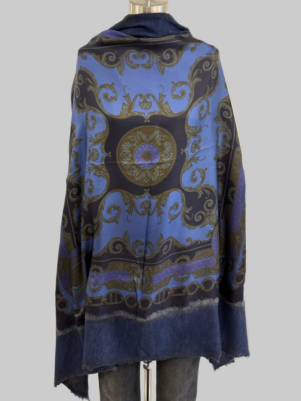 Avant Toi Hand-Painted One Of A Kind Foulard Scarf With Destroyed Edges In Nero Navy