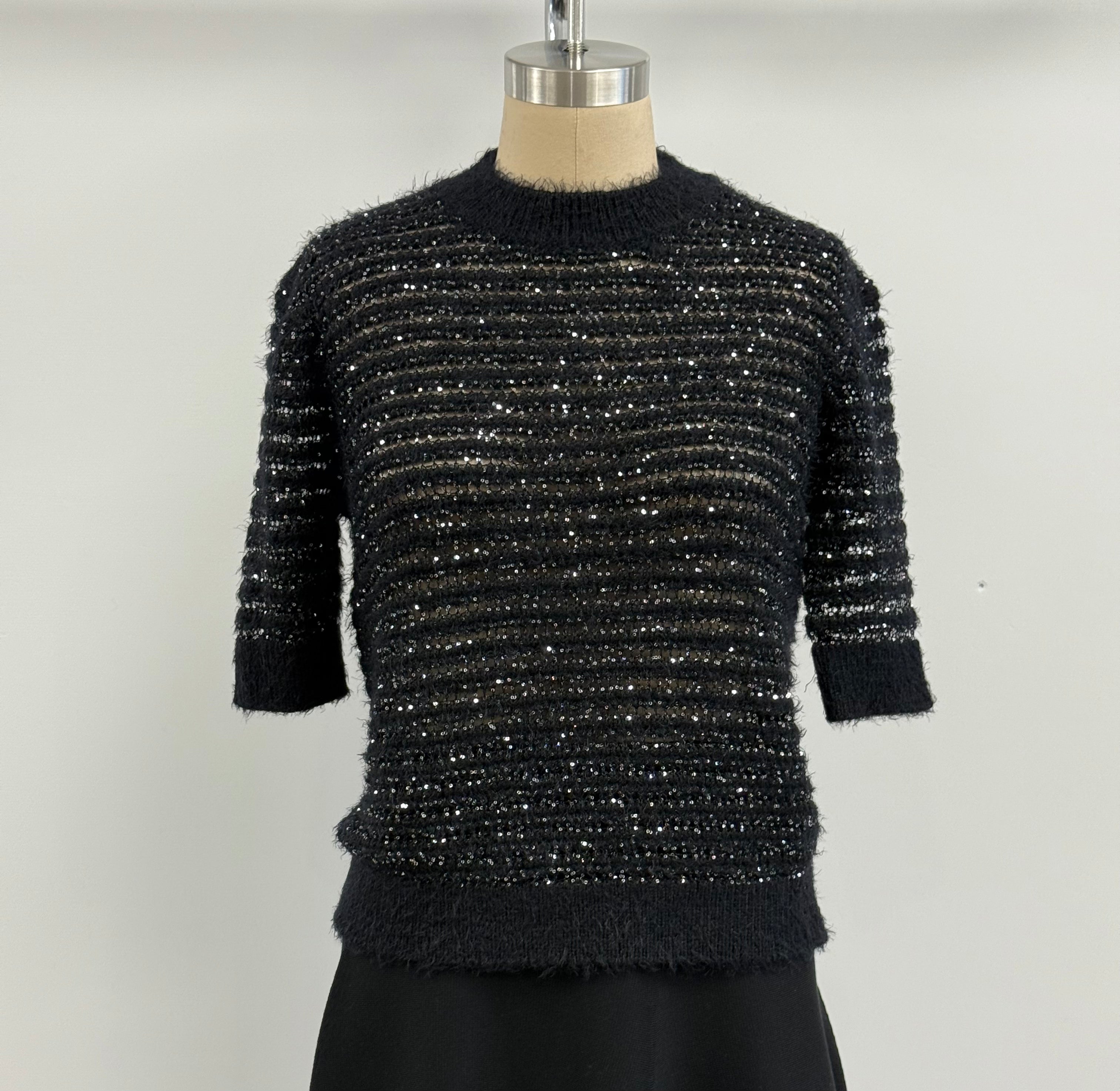 NUDE Short Sleeve Striped Sequin Wool Blend Sweater in Black