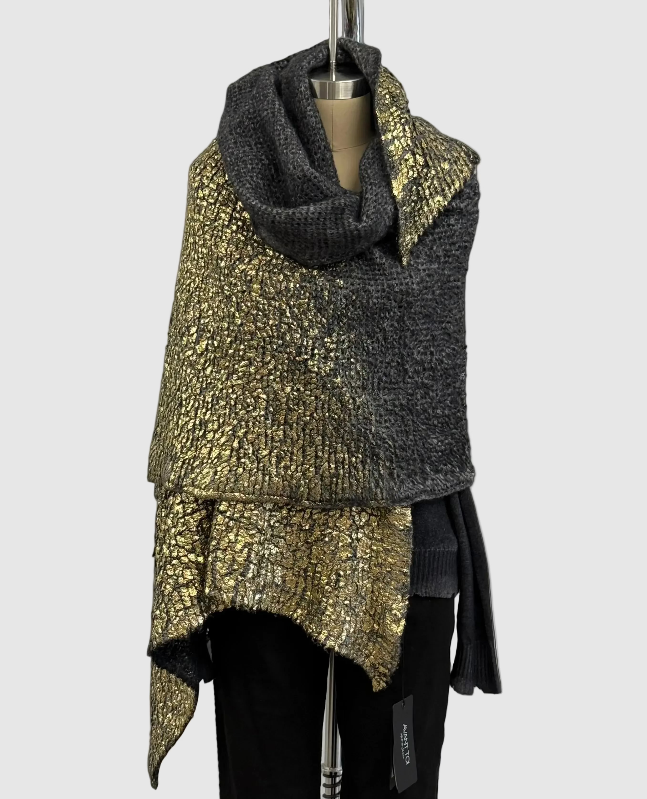 Nero + Lamina Oro Sciarpa In Punto Pelliccia Laminata