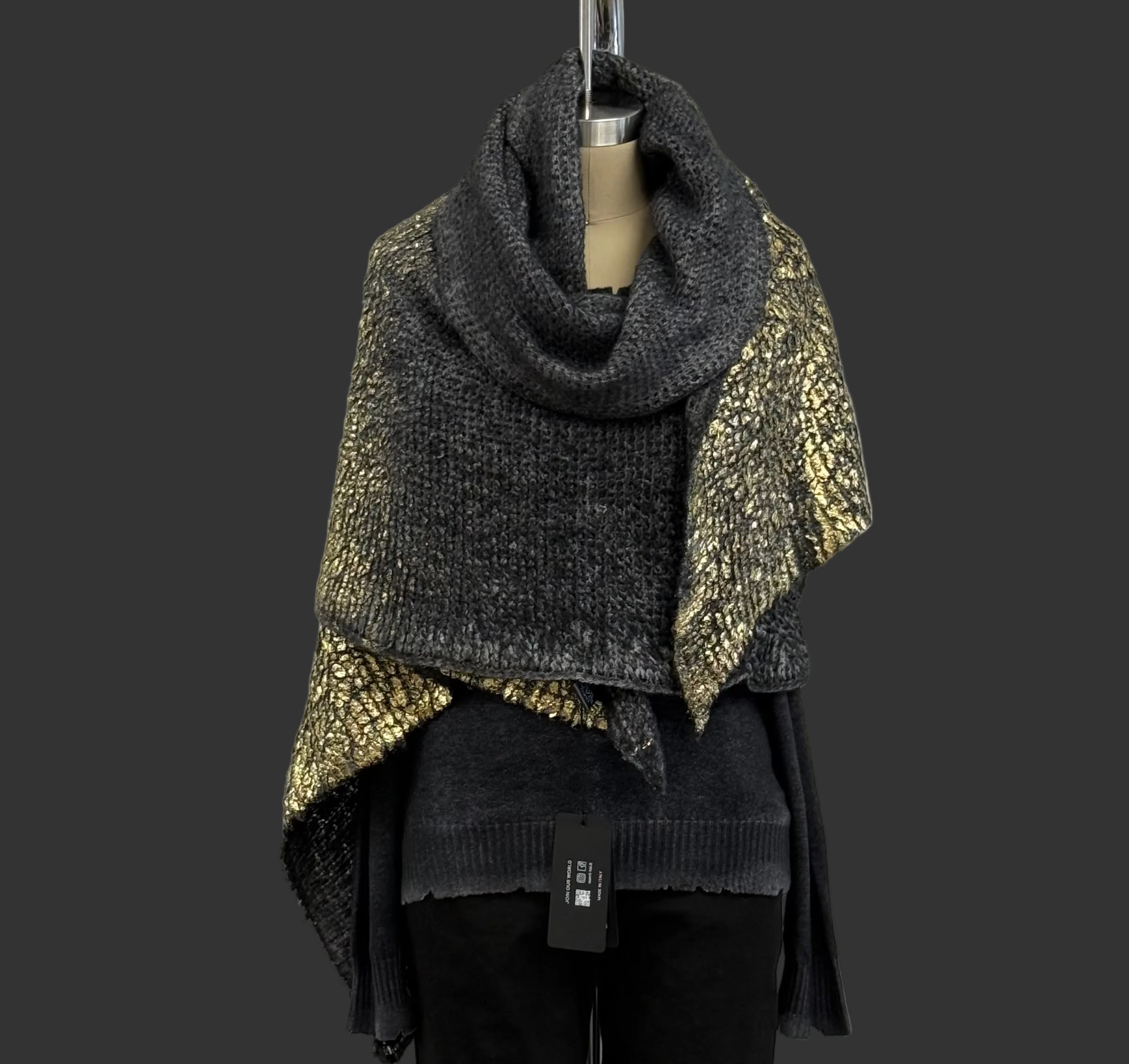 Nero + Lamina Oro Sciarpa In Punto Pelliccia Laminata