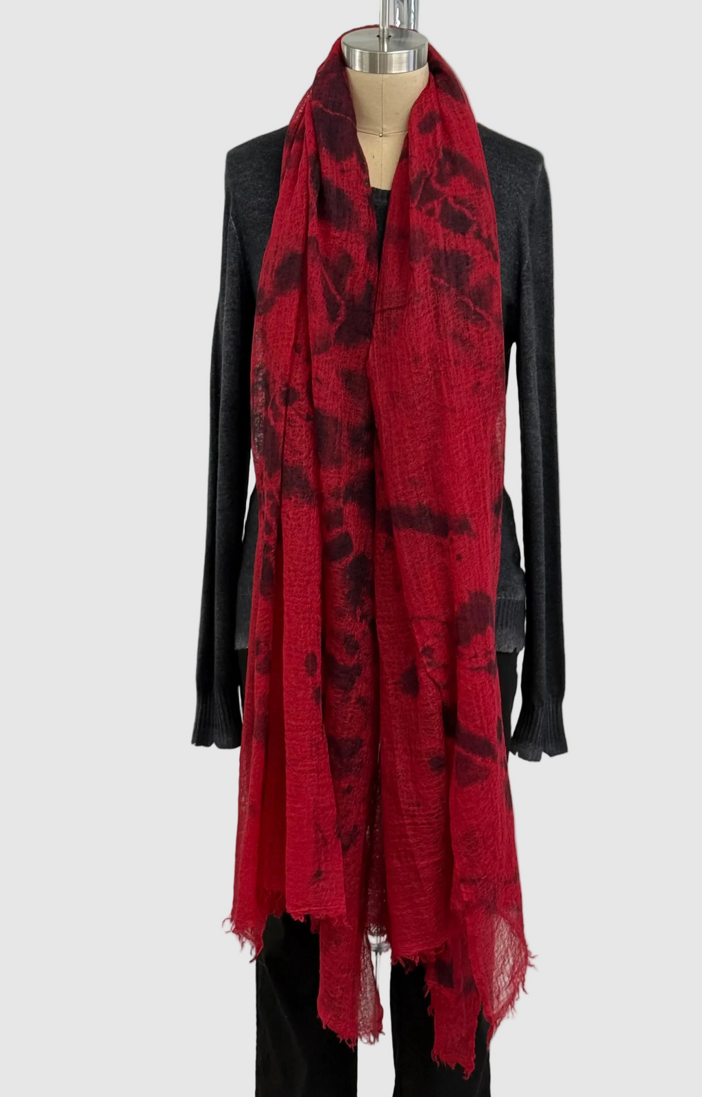 Suzusan Feather Weight Cashmere Shawl in Red/Black Madara Shibori
