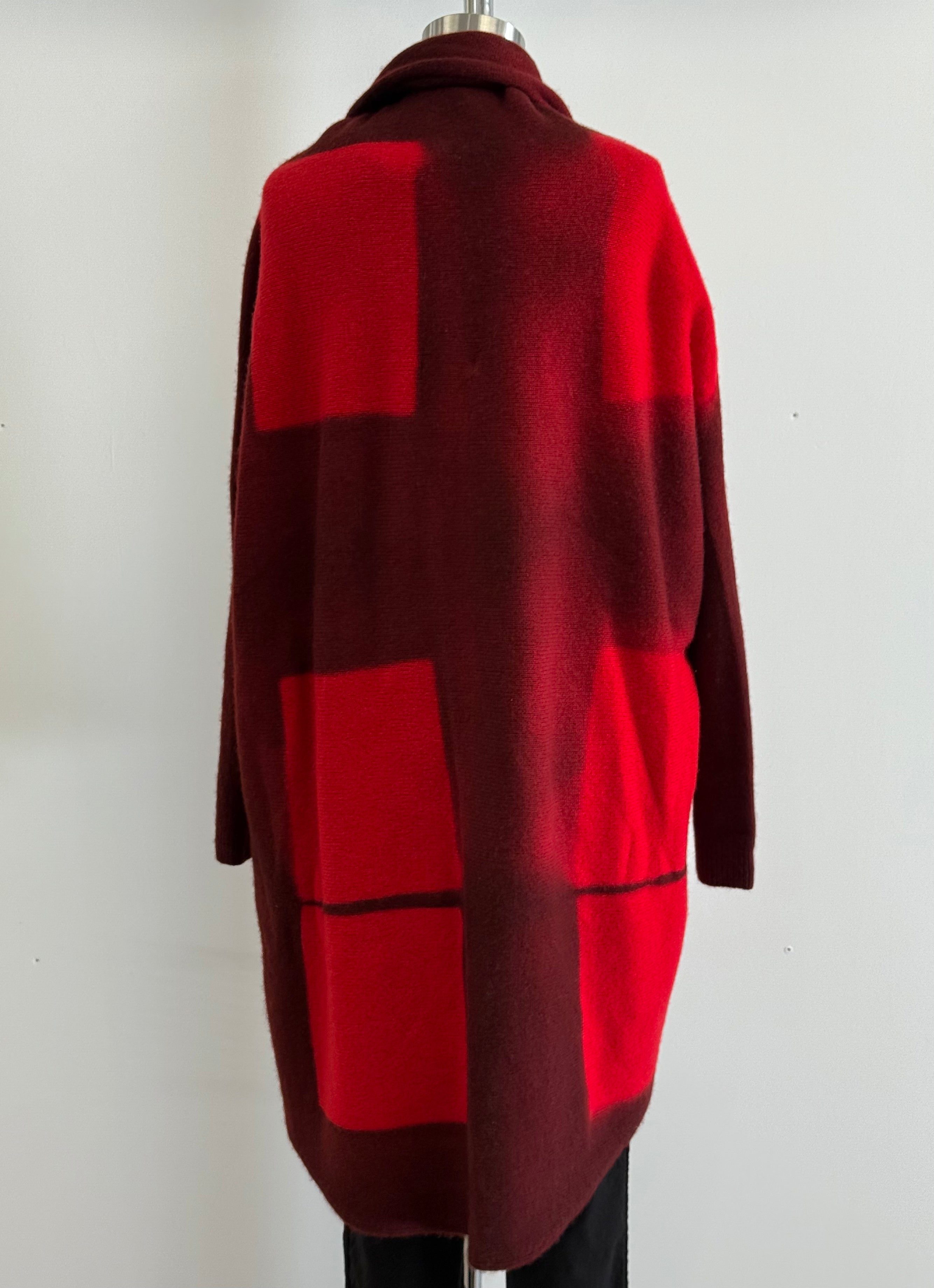 Suzusan Upside Down Cape in Red Bordeaux Itajime Shibori Blocks
