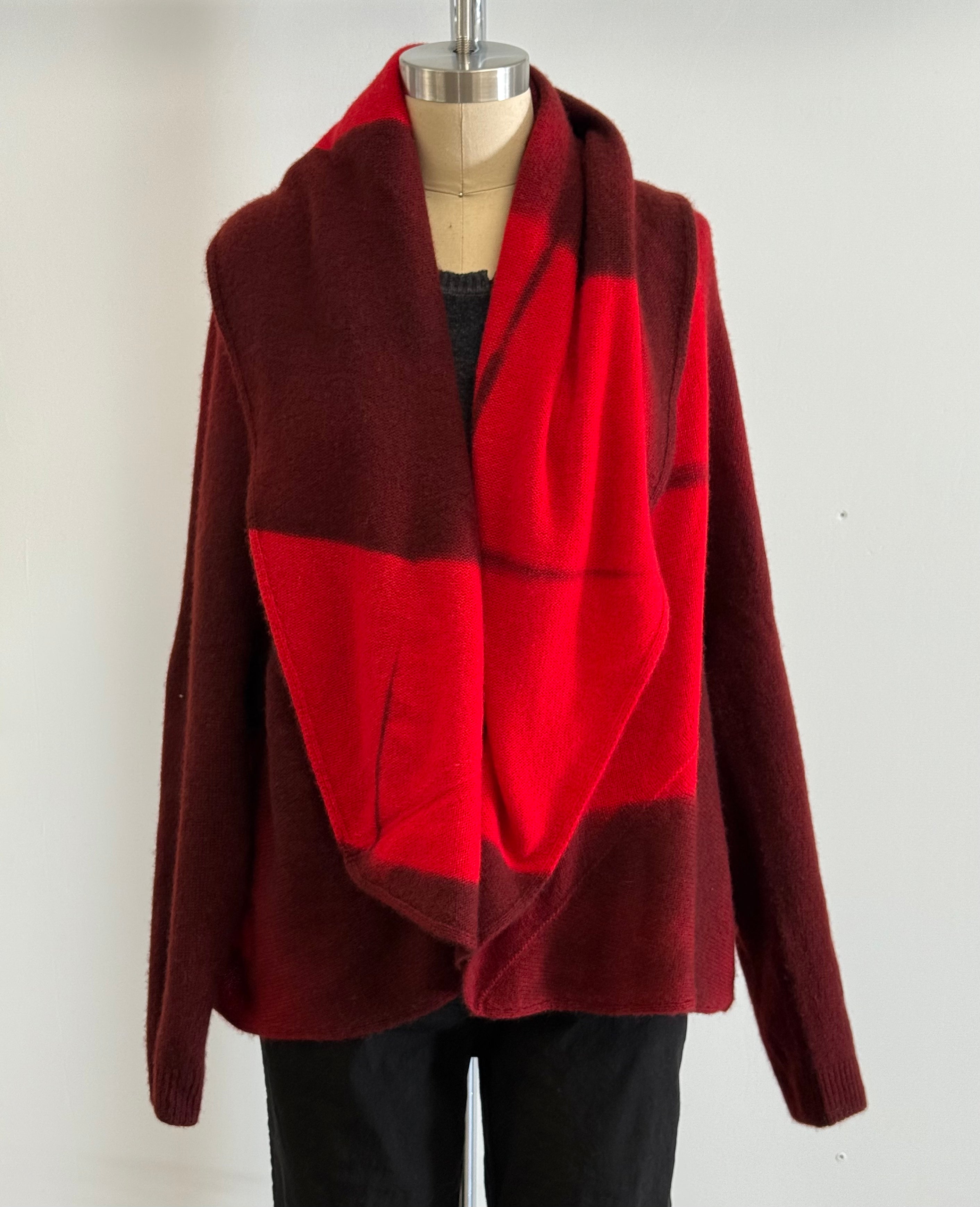 Suzusan Upside Down Cape in Red Bordeaux Itajime Shibori Blocks