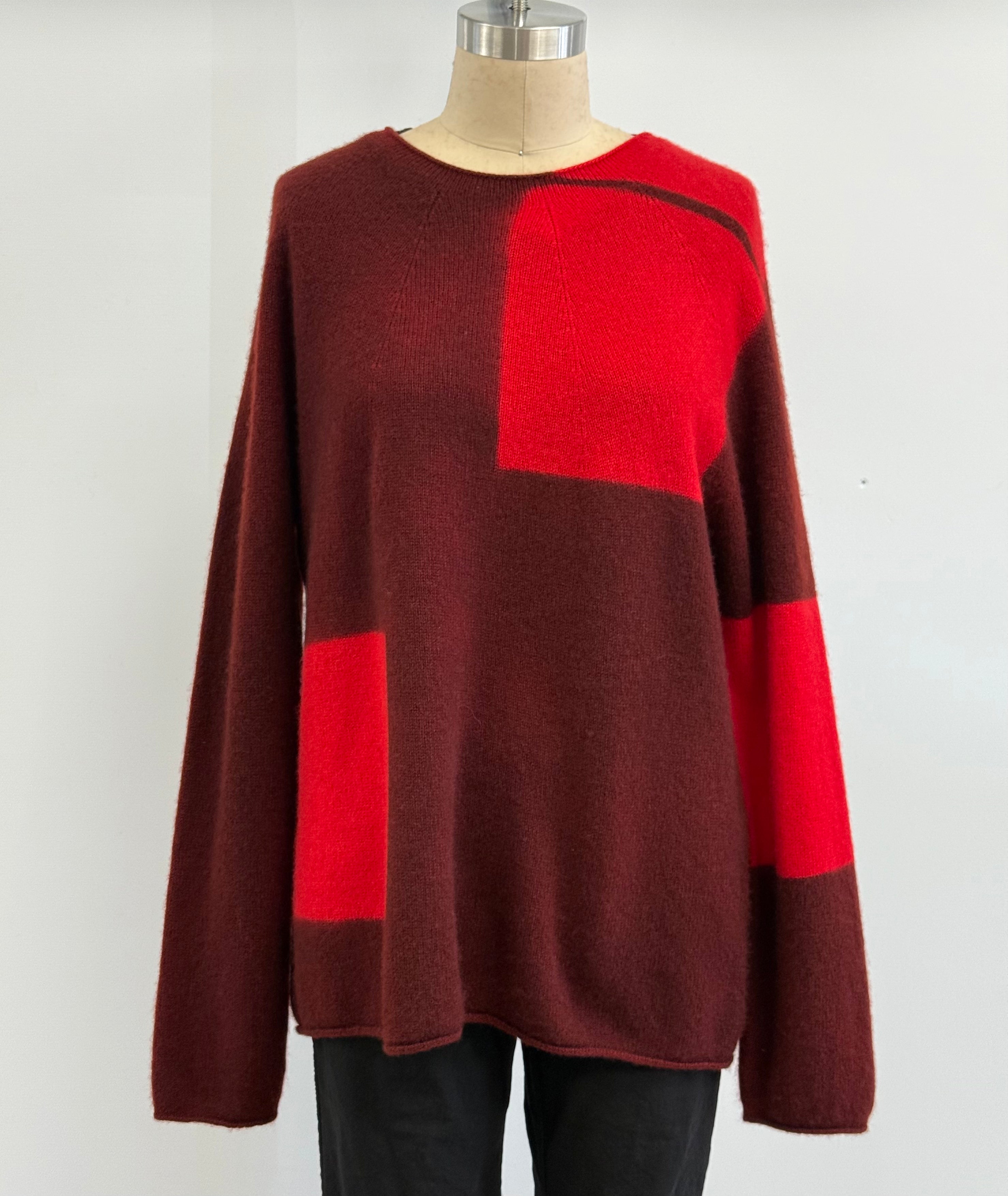 Suzusan Cashmere Seamless Pullover Long Itajime Shibori "Block" in Red
