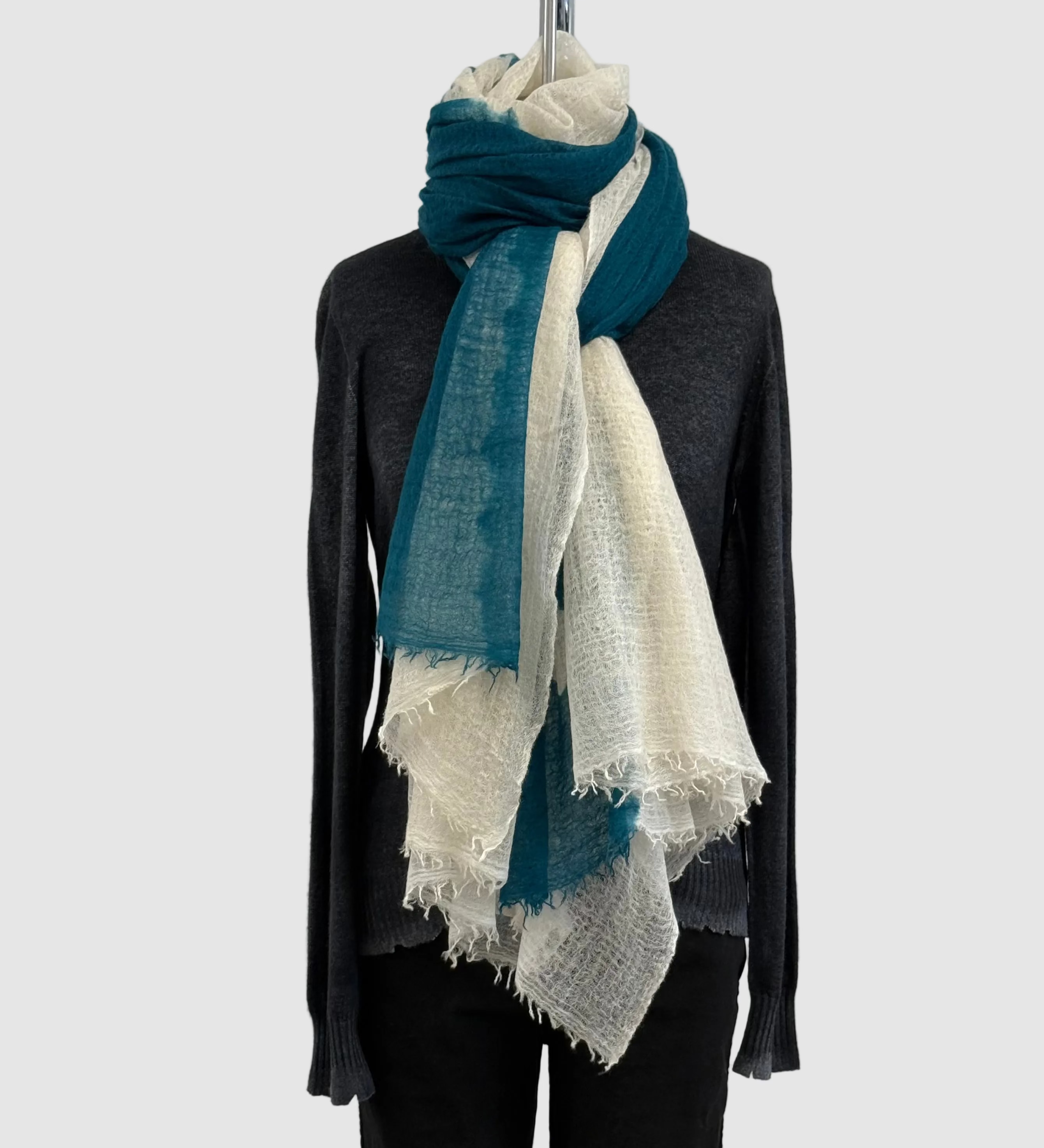 Featherweight Cashmere Shawl in Dark Teal/Sand