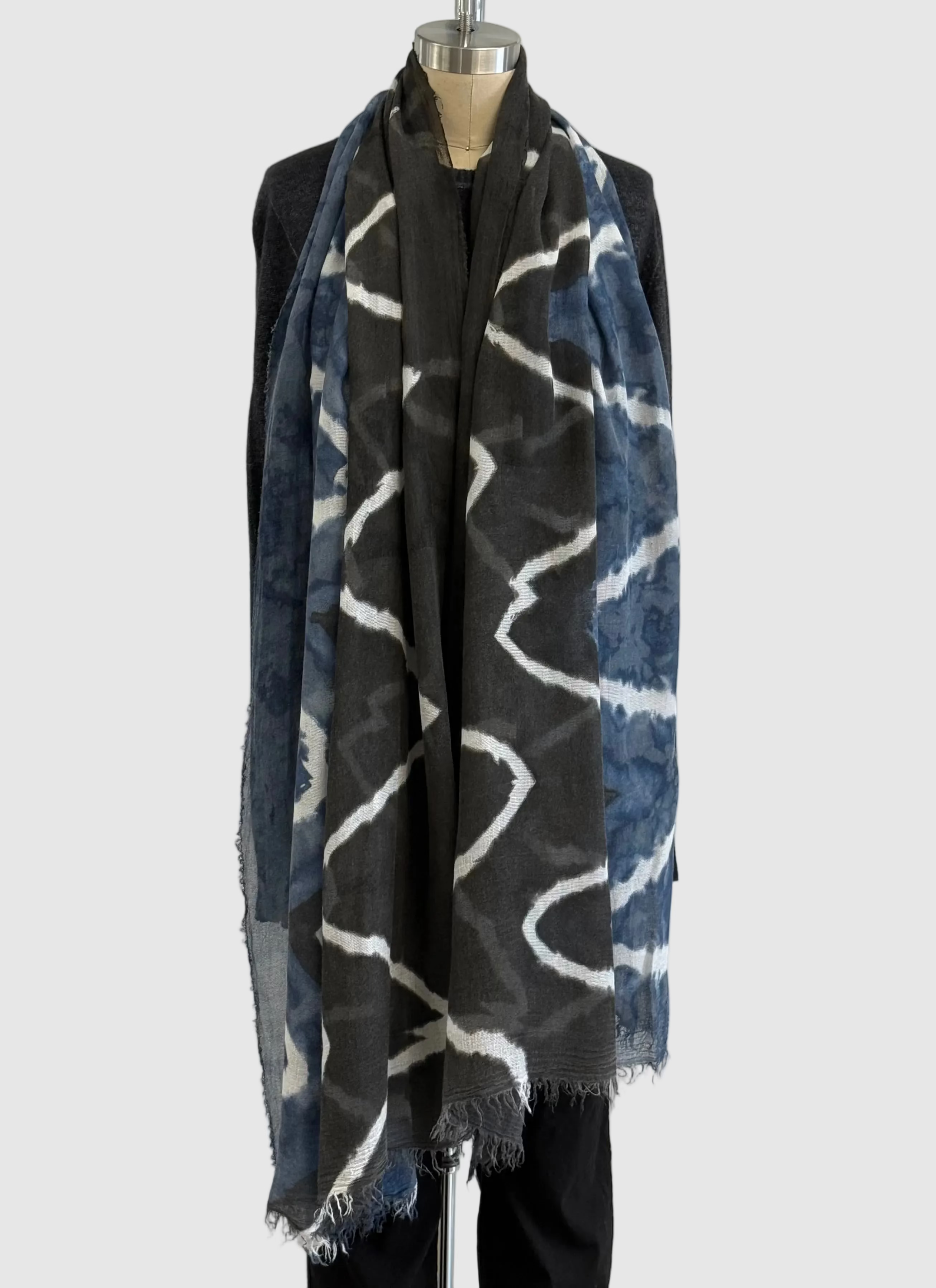 Annie Turbin Silk Modal Scarf in Navy Black White Wave