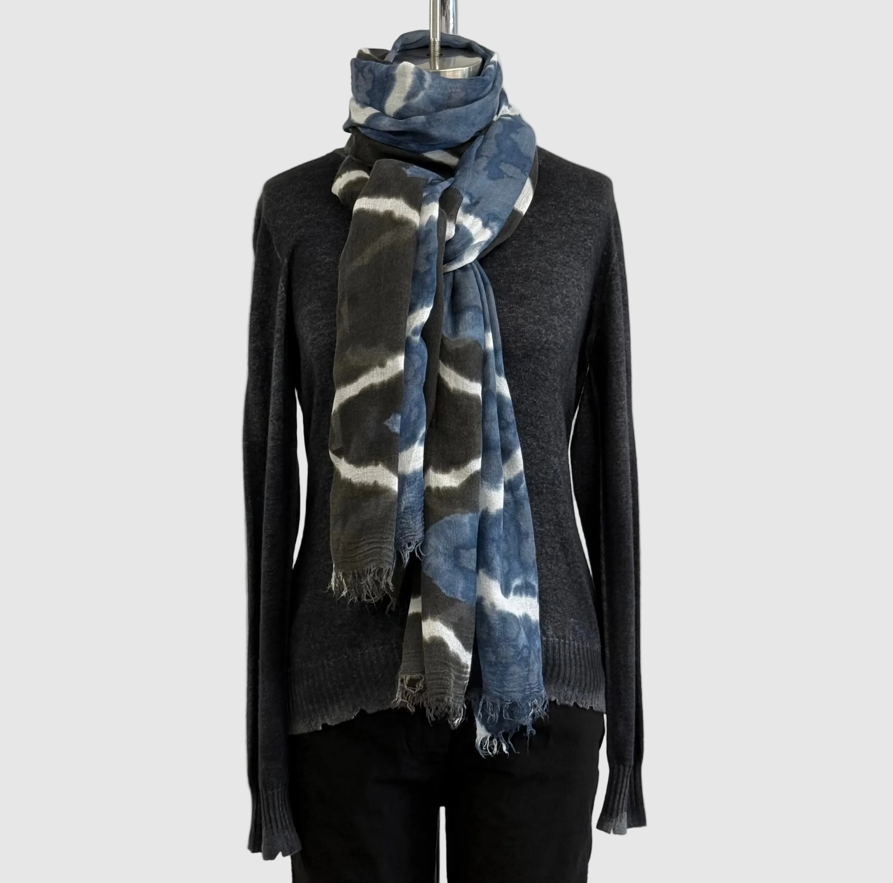 Annie Turbin Silk Modal Scarf in Navy Black White Wave