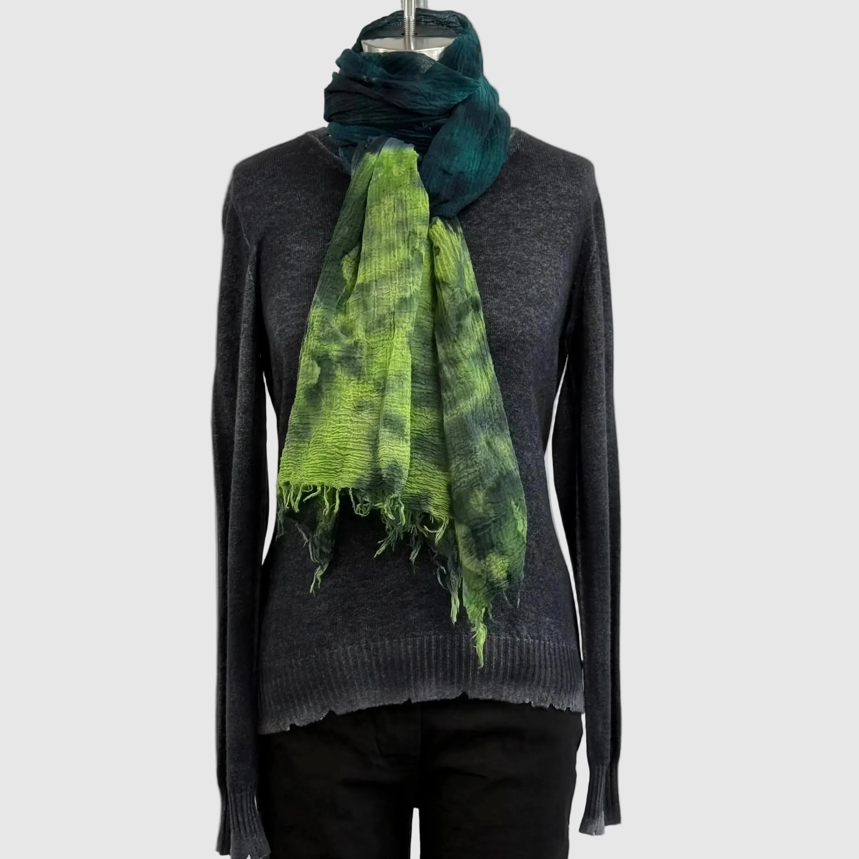 Annie Turbin Cotton Scarf In Teal Lime Botanical