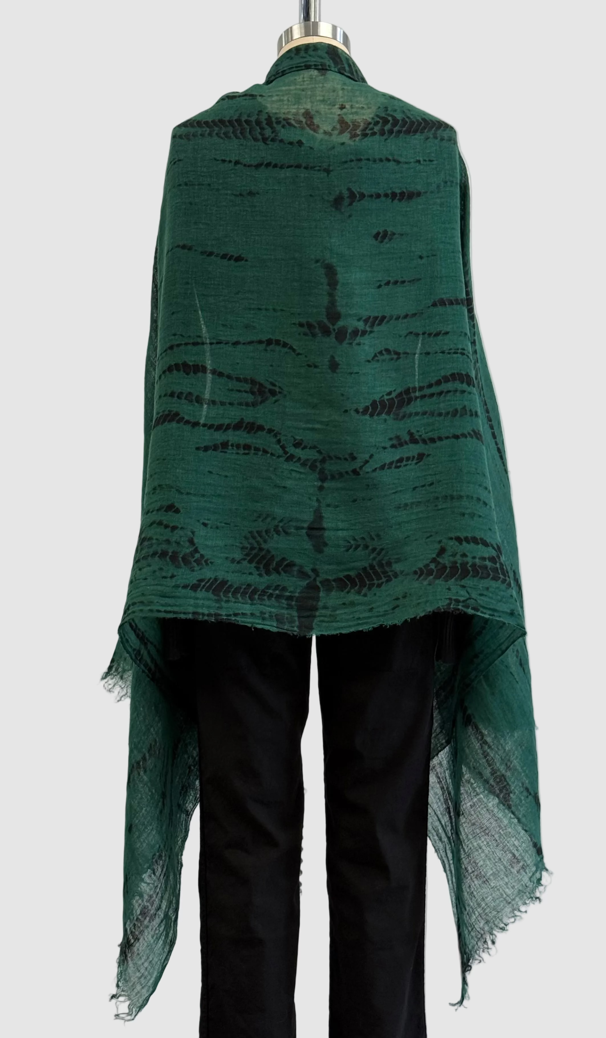 Annie Turbin Emerald And Black Shibori Linen Scarf