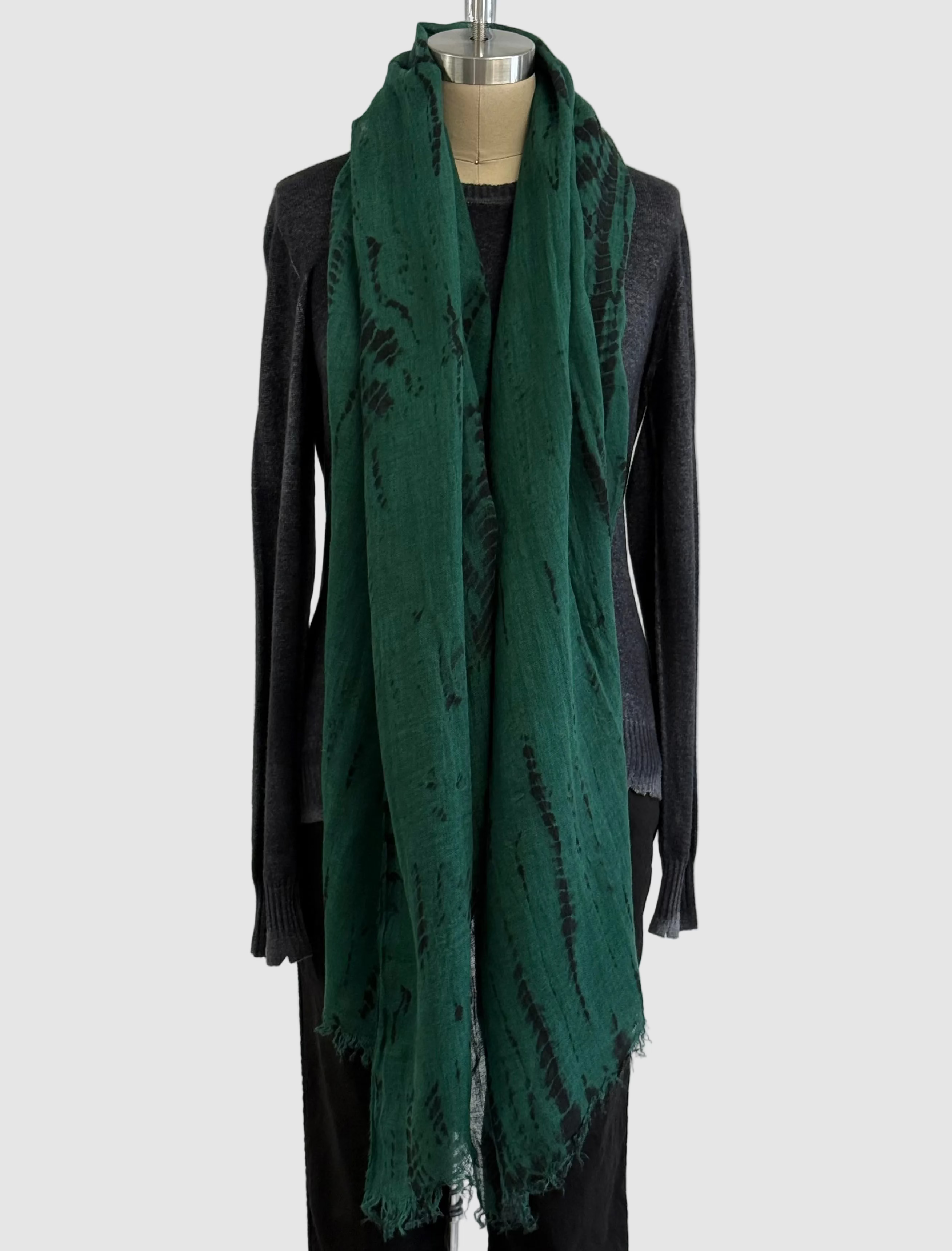 Annie Turbin Emerald And Black Shibori Linen Scarf