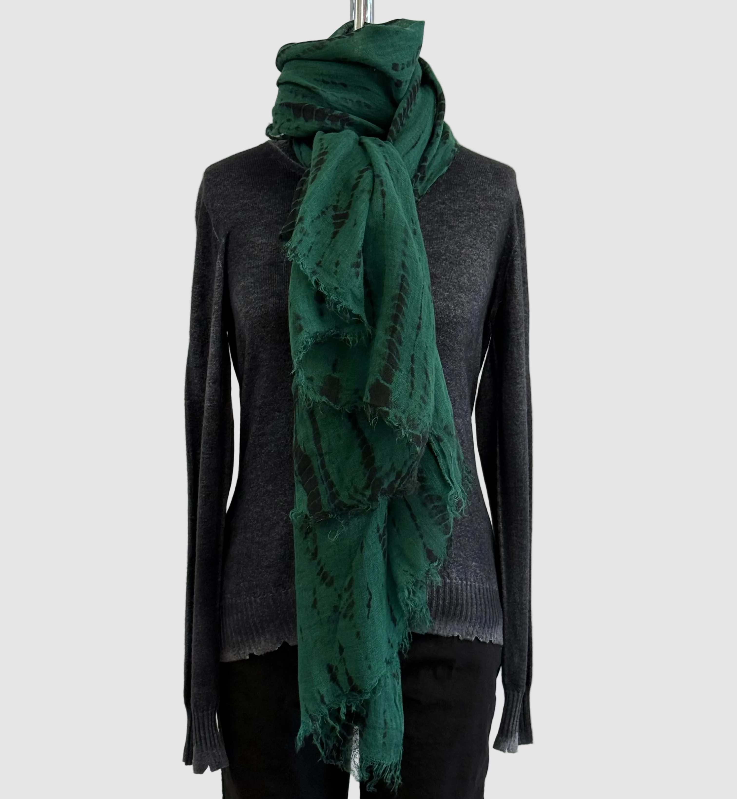 Annie Turbin Emerald And Black Shibori Linen Scarf
