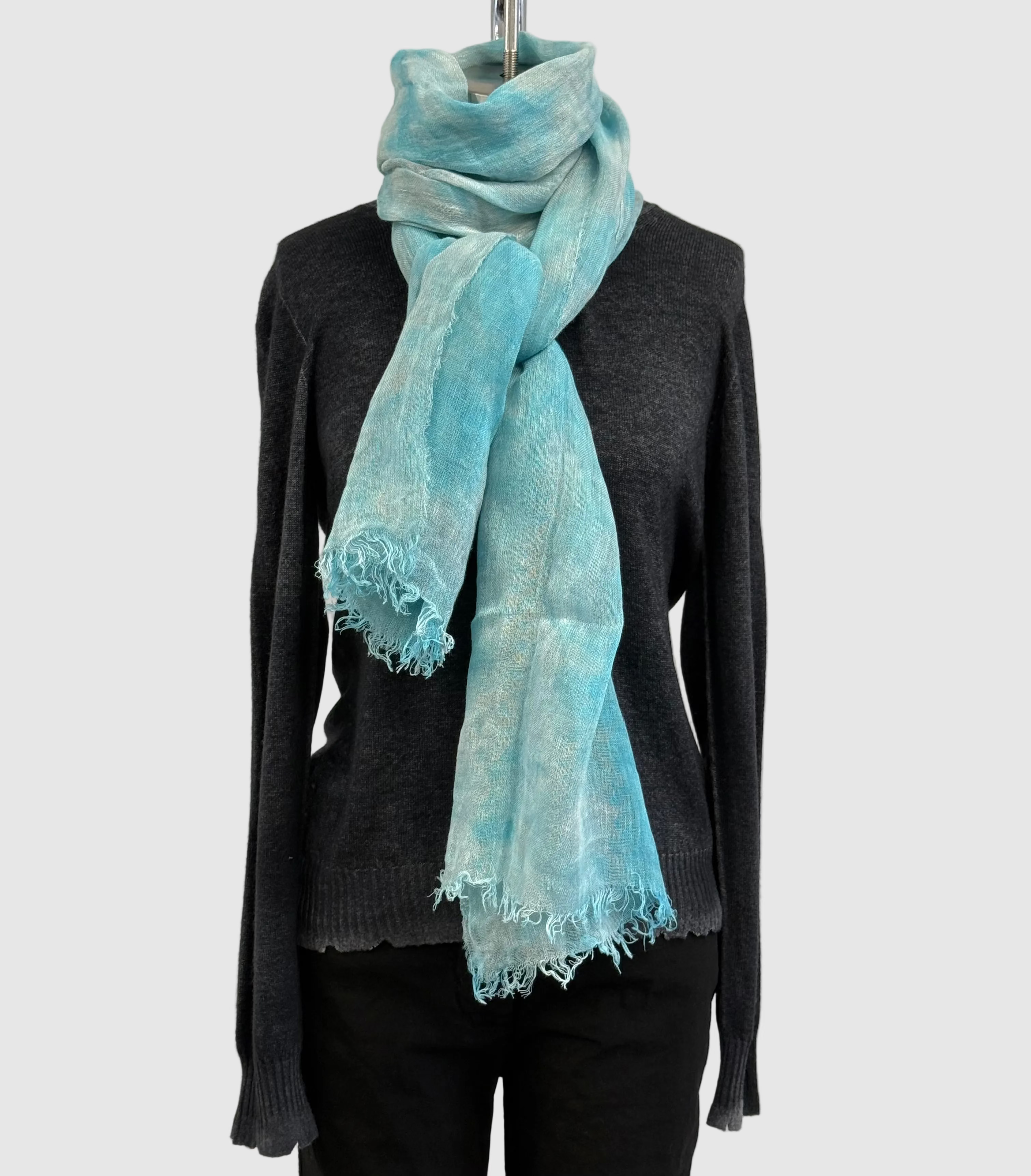 Annie Turbin Aqua Botanical Linen Scarf