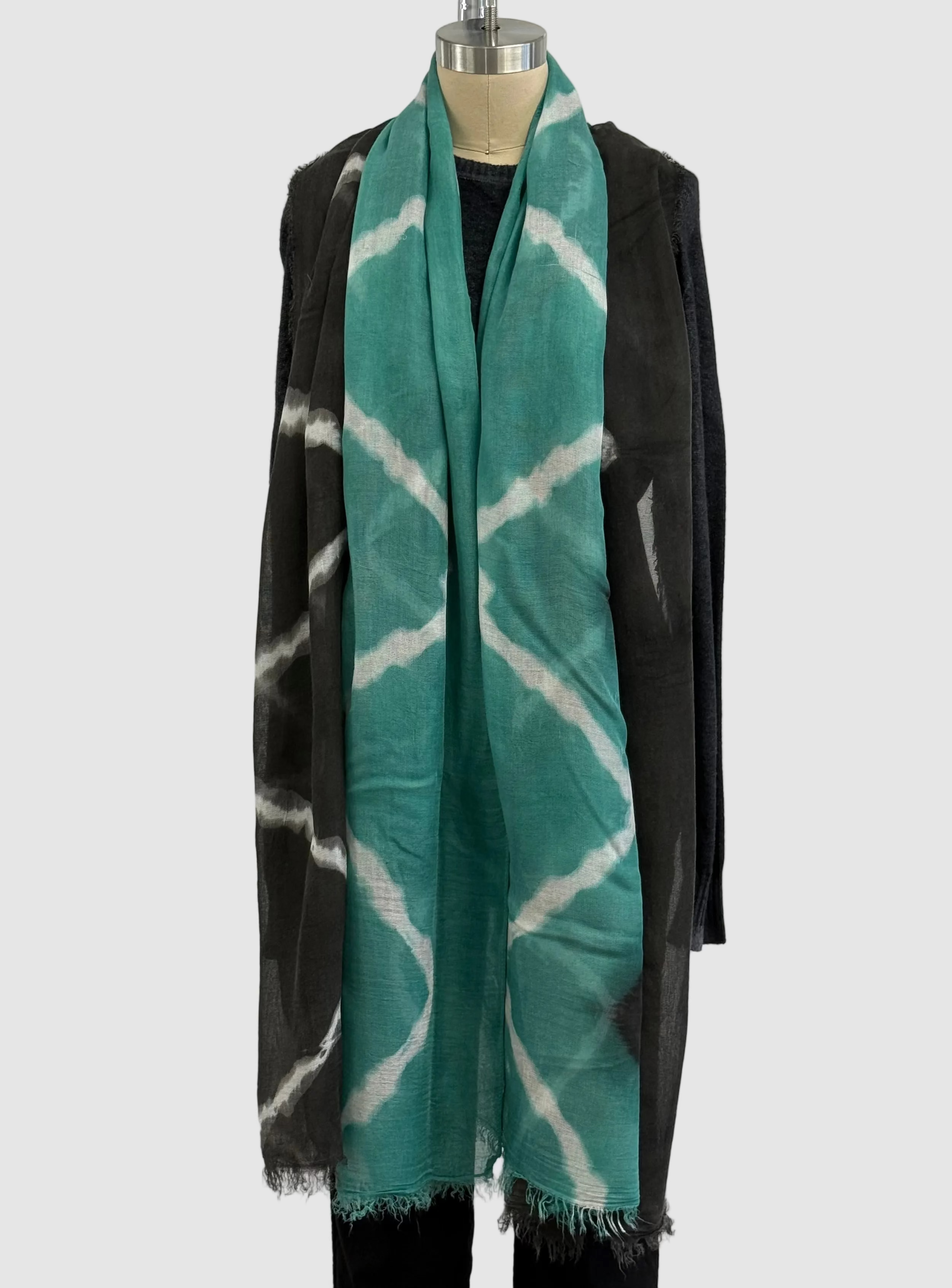Annie Turbin Silk Scarf In Emerald Black White Wave