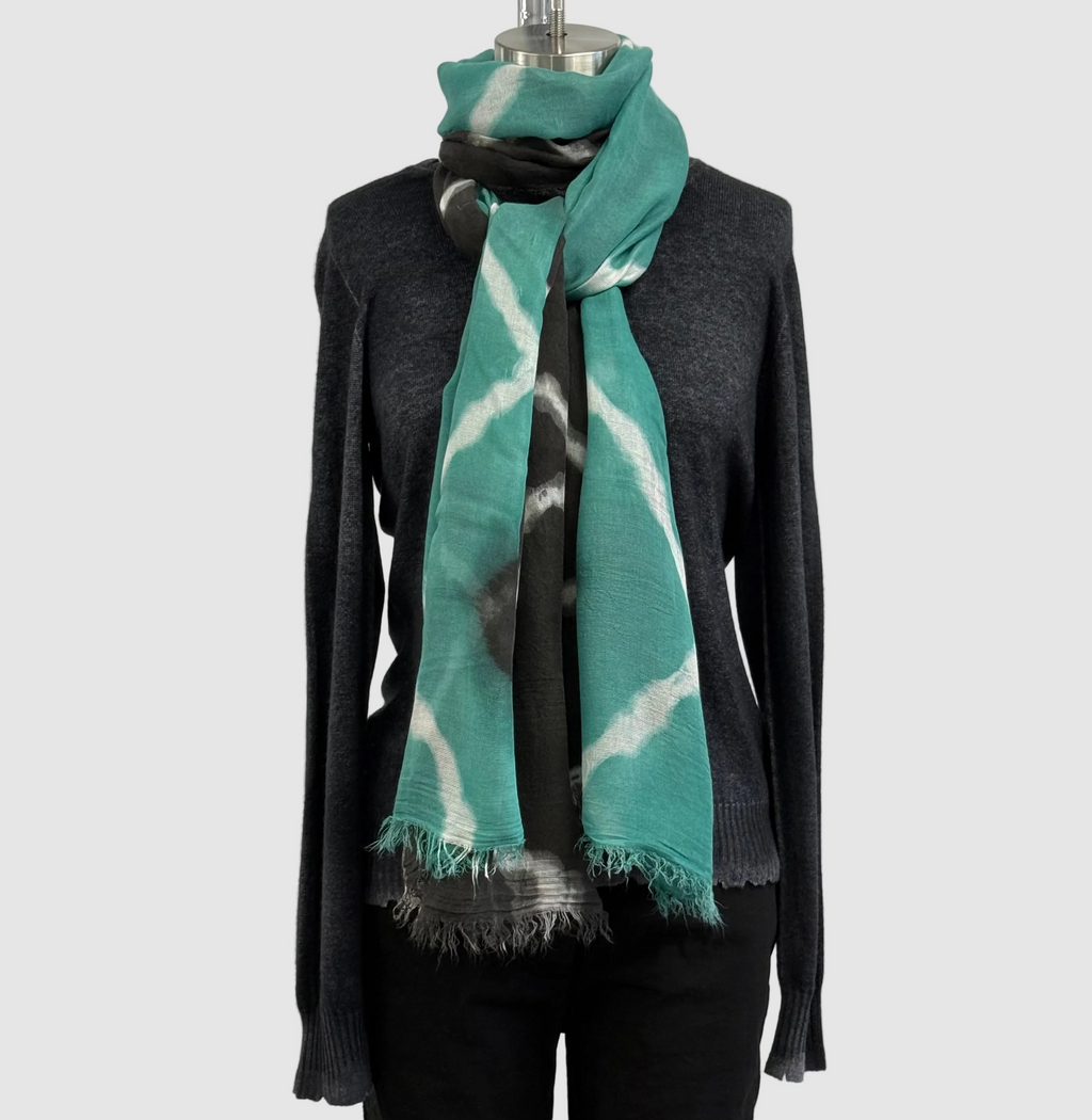 Annie Turbin Silk Scarf In Emerald Black White Wave