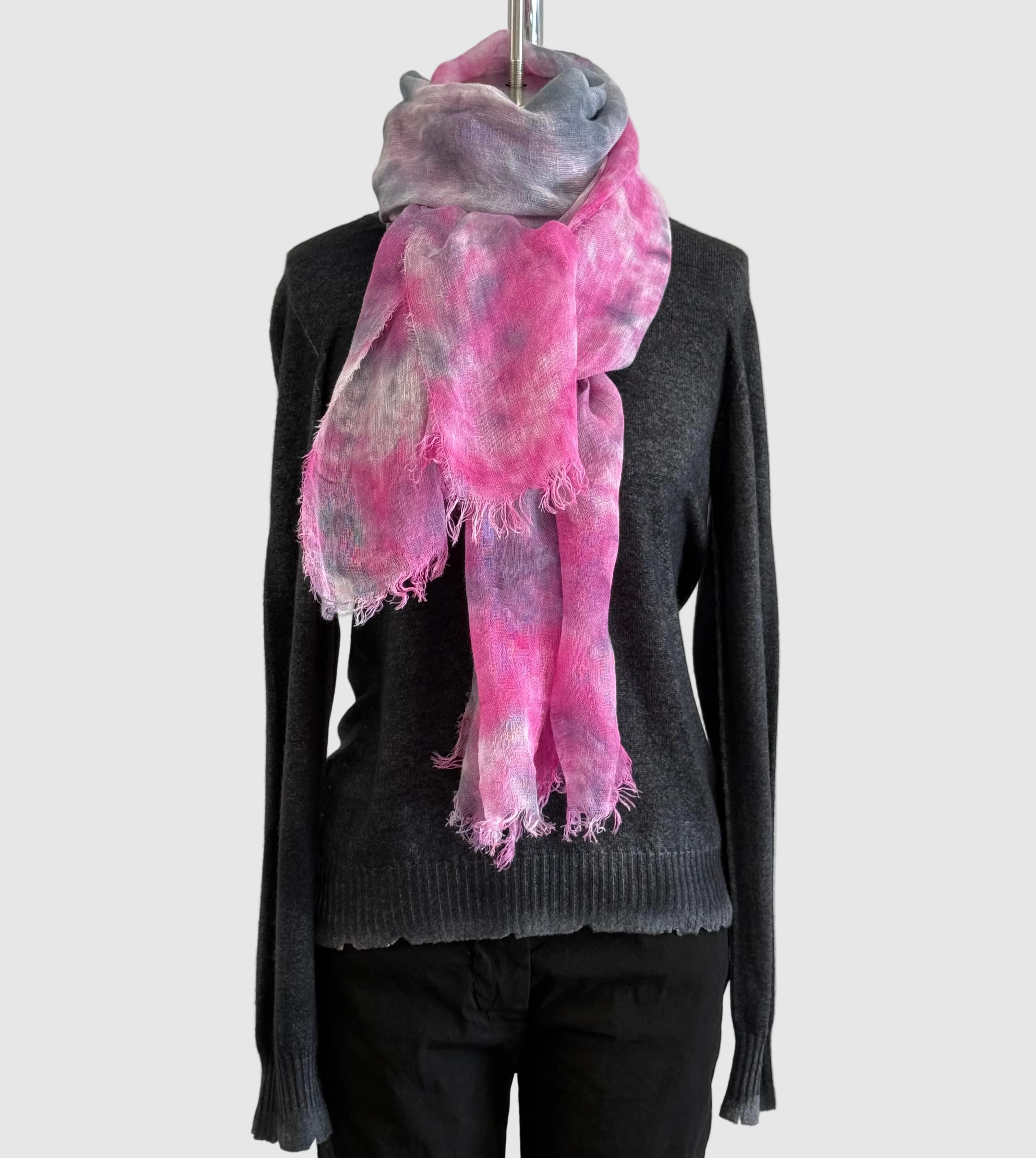Annie Turbin Pink & Grey Botanical Linen Scarf