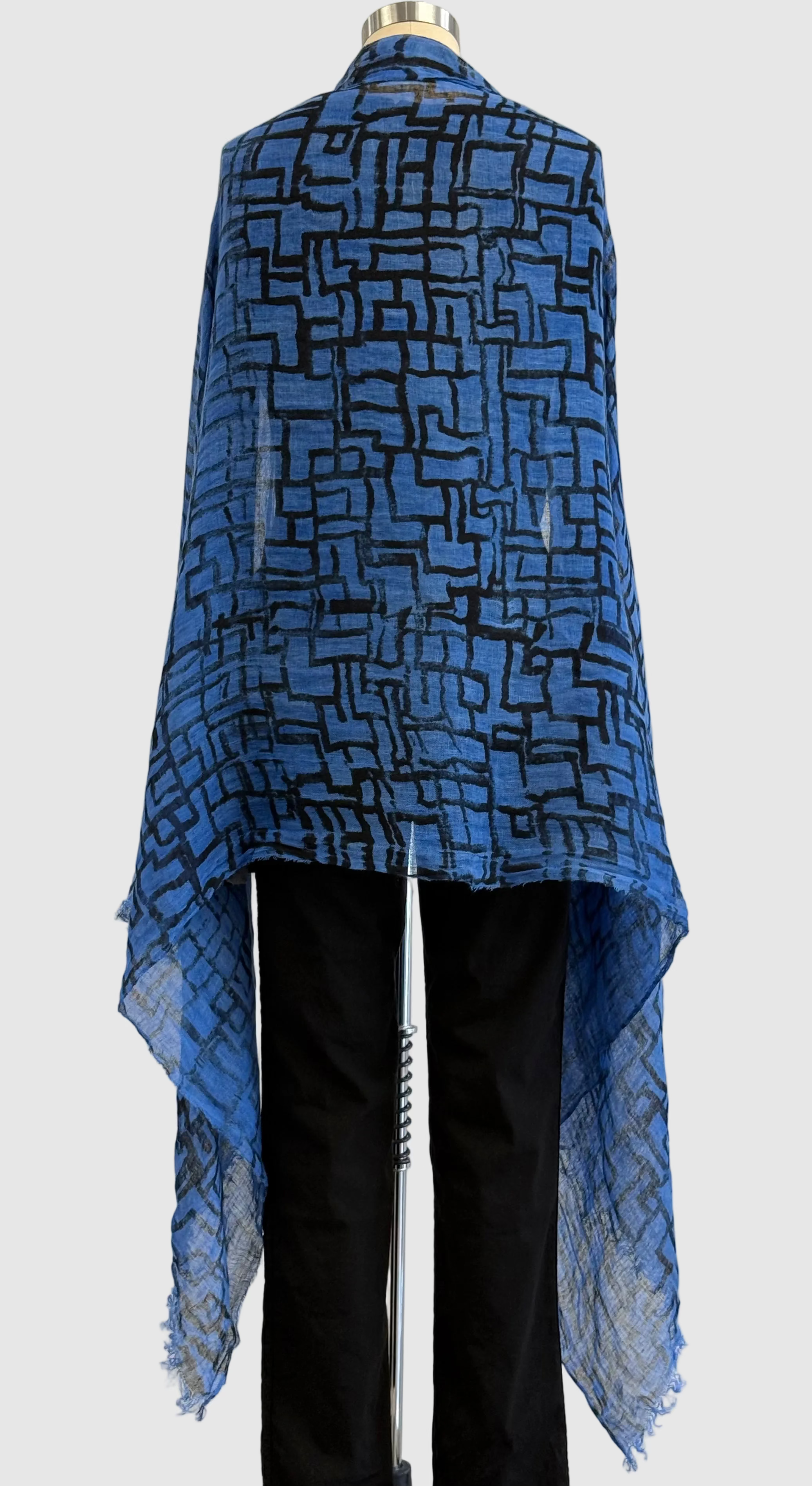 Annie Turbin Blue & Black Geometric Linen Scarf