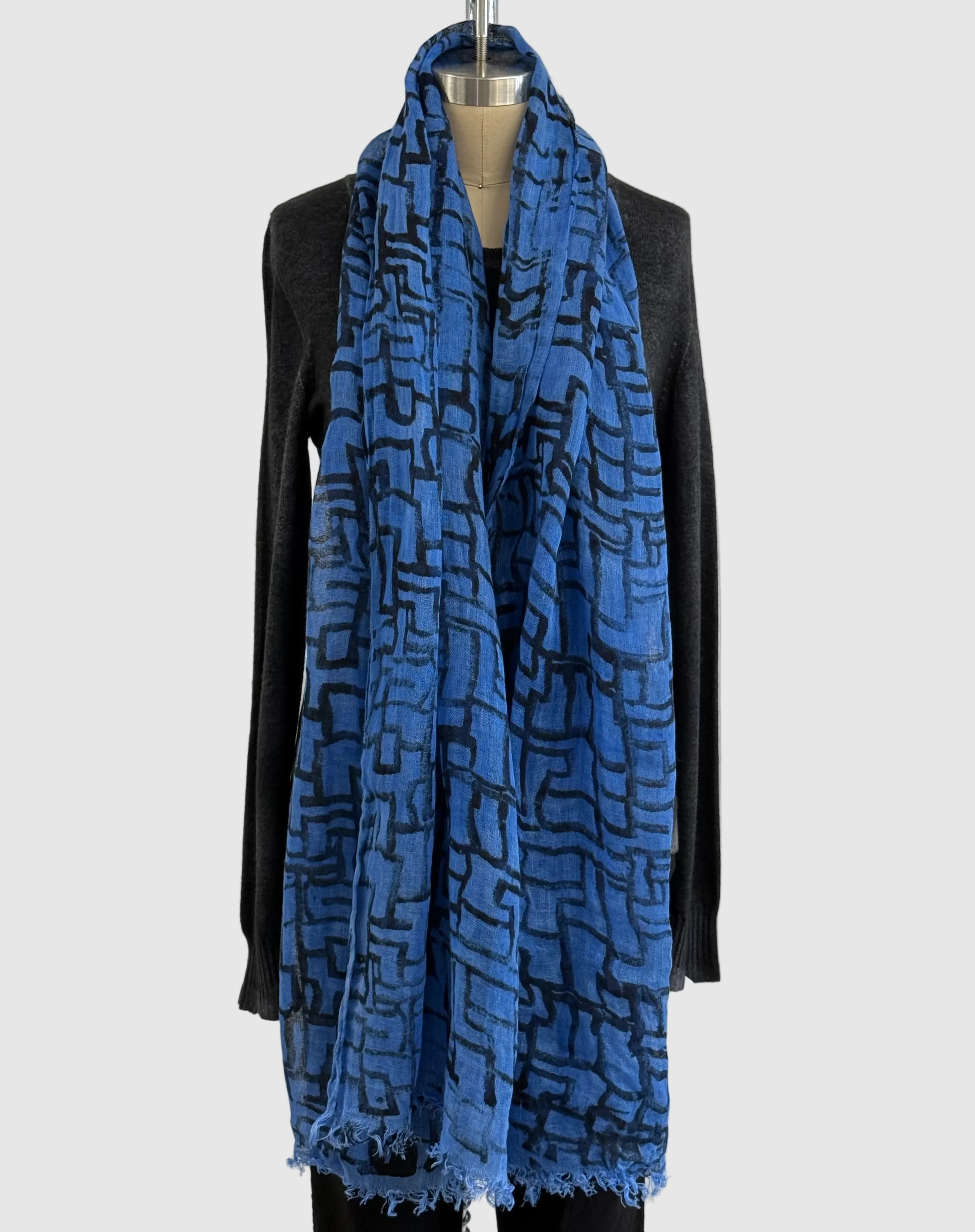 Annie Turbin Blue & Black Geometric Linen Scarf