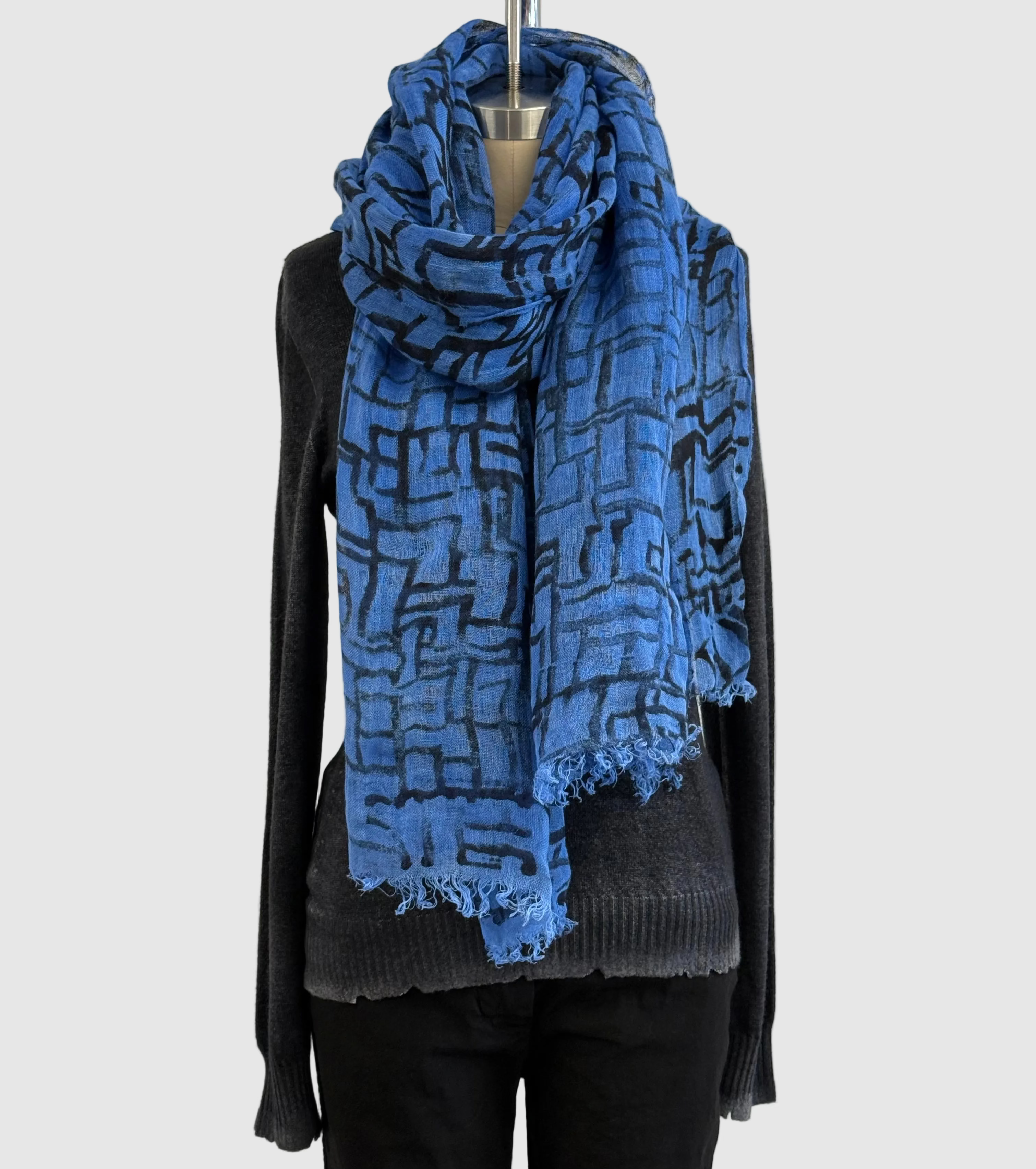 Annie Turbin Blue & Black Geometric Linen Scarf