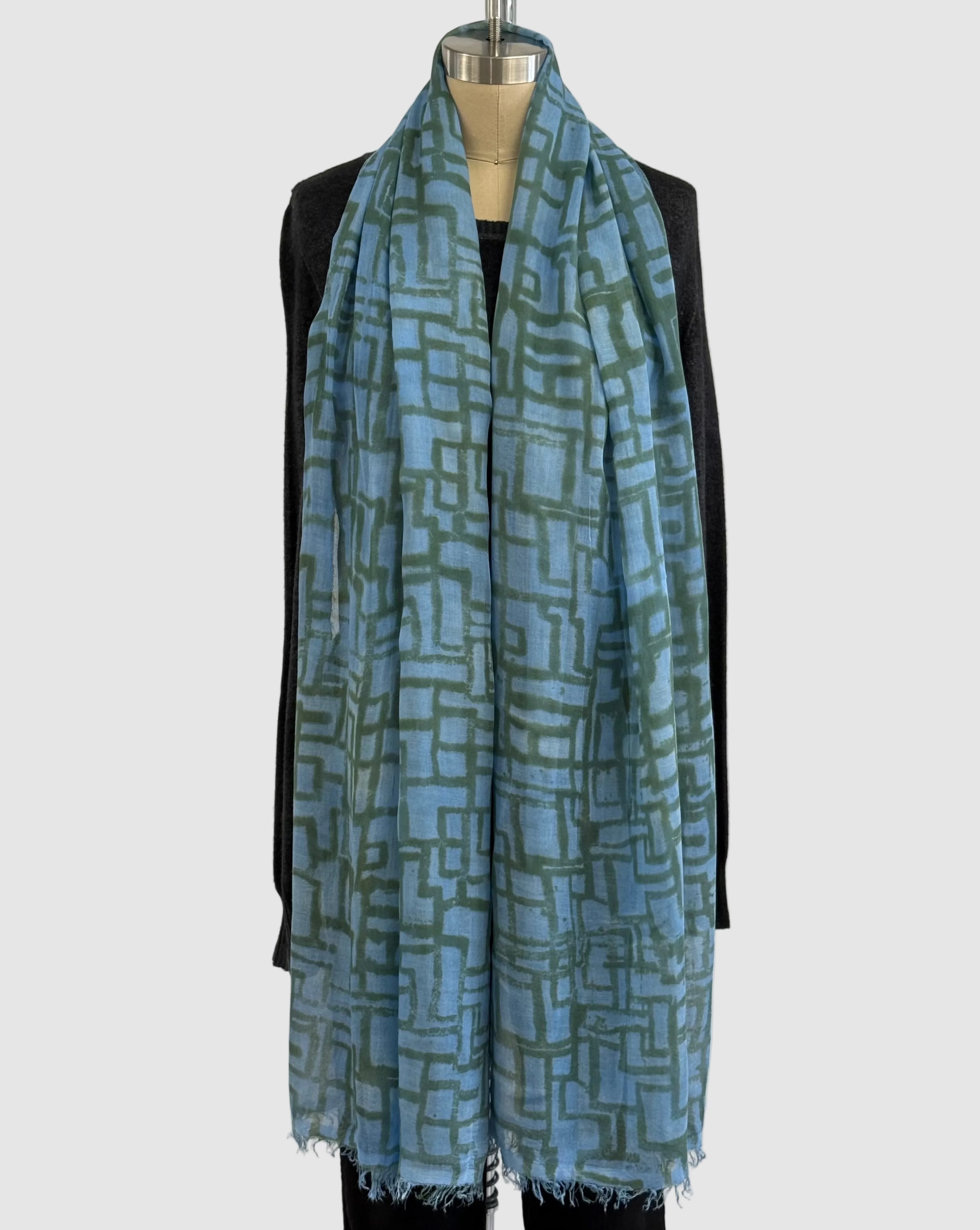 Annie Turbin Blue & Olive Geometric Modal Scarf