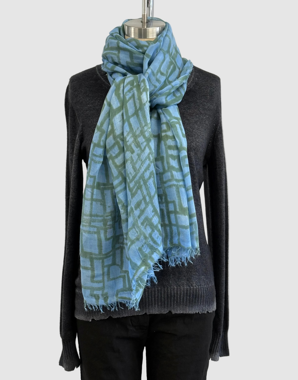 Annie Turbin Blue & Olive Geometric Modal Scarf
