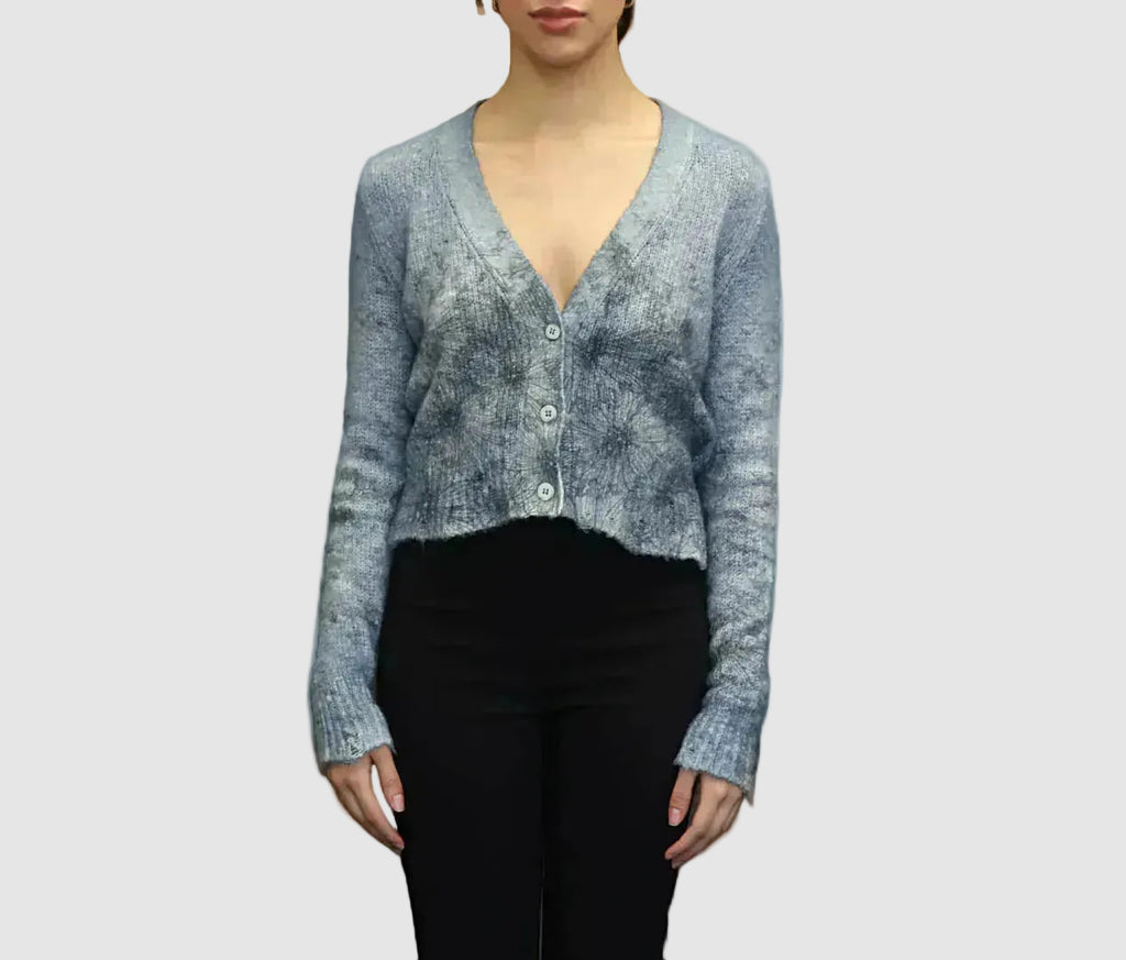 Avant Toi Daisy Print Brushed Cotton V Neck Crop Cardigan With Destroyed Edges In